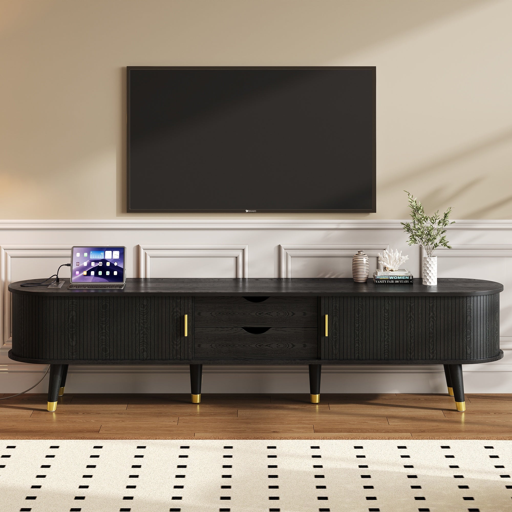 Wooden Oval Fluted TV Stand with Charging Station for TV up to 80', Mid-Century Media Console with Sliding Tambour Door, Farmhouse TV Cabinet with Golden Handle for Living Room, Black
