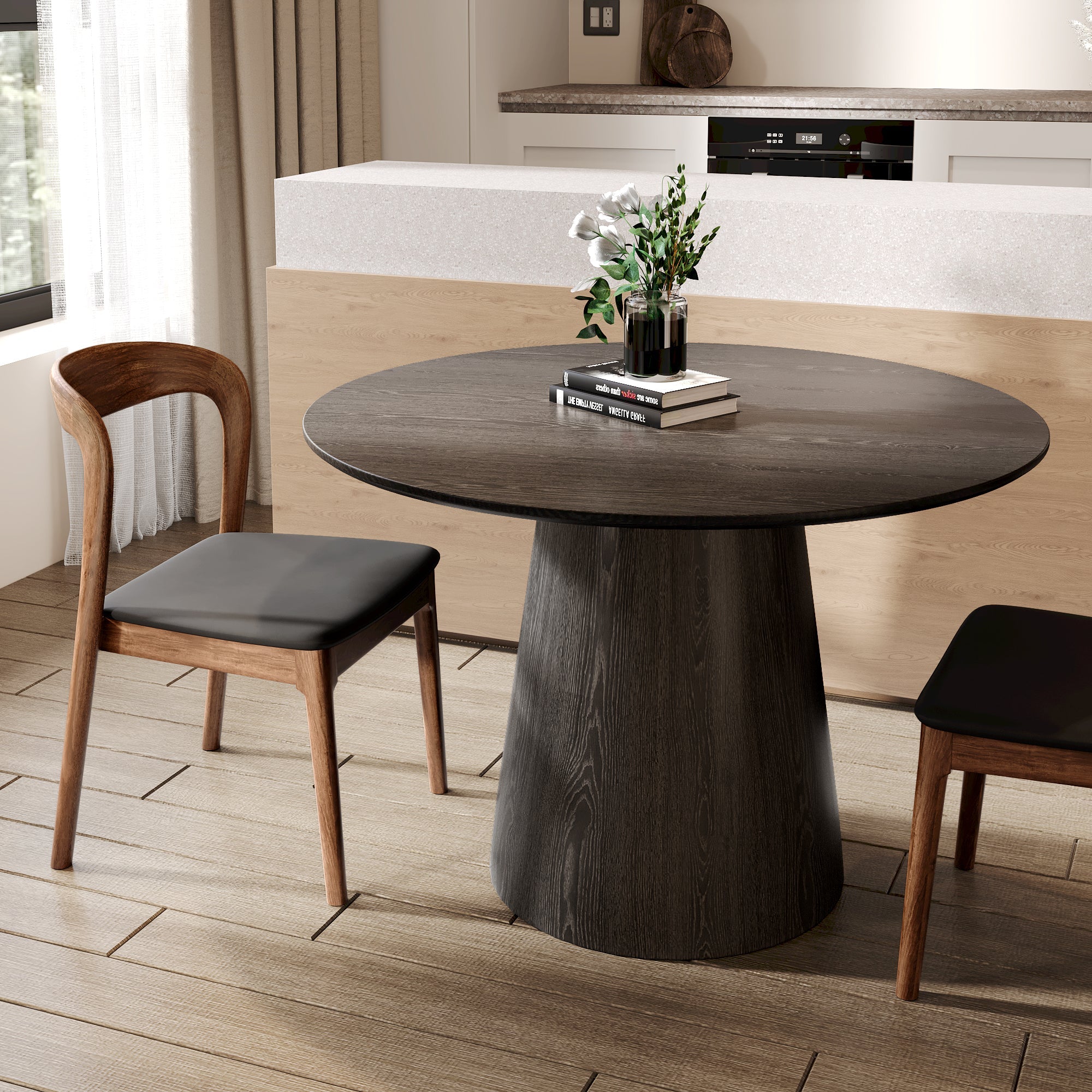 39' Round Black Solid Wood Small Dining Table with Solid Wood Tabletop For 2-4 People
