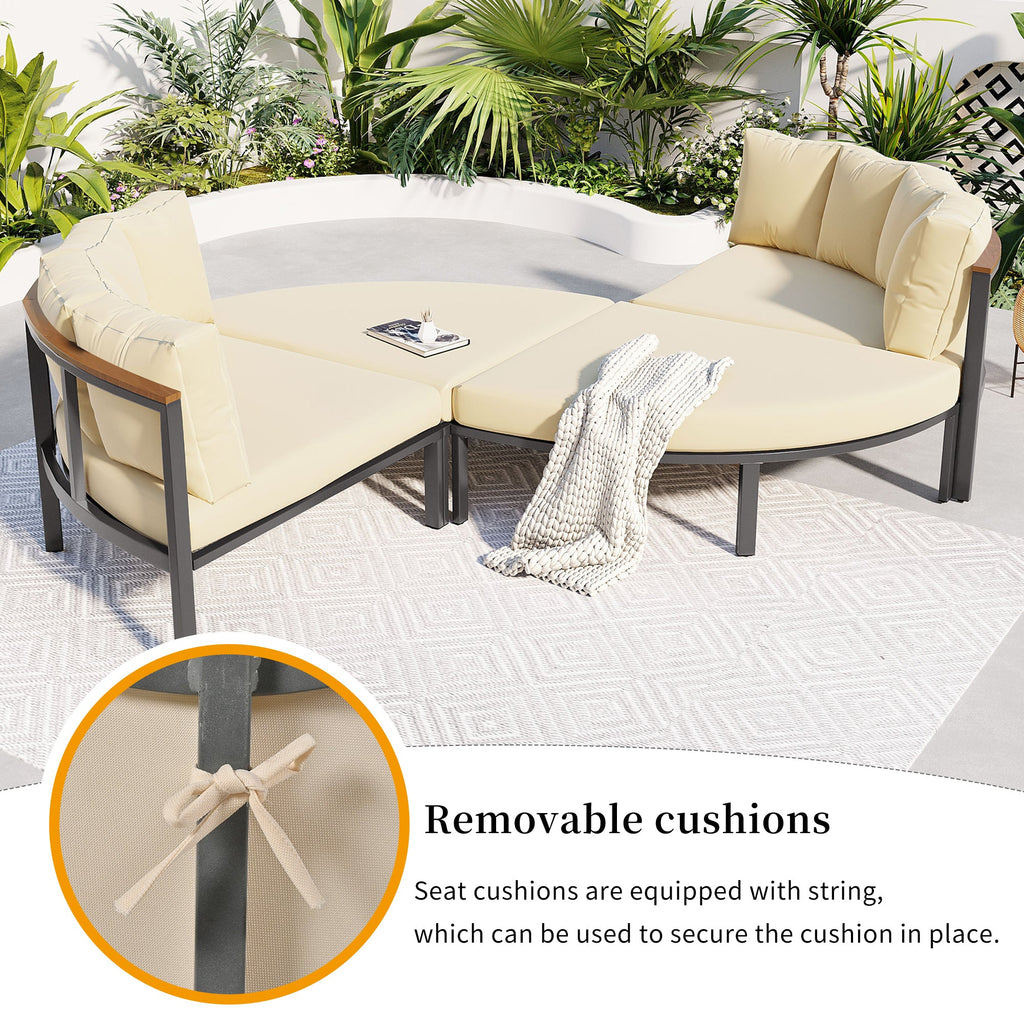 U-style Patio Furniture Set, 4 Piece Round Outdoor Conversation Set All Weather Metal Sectional Sofa with Cushions