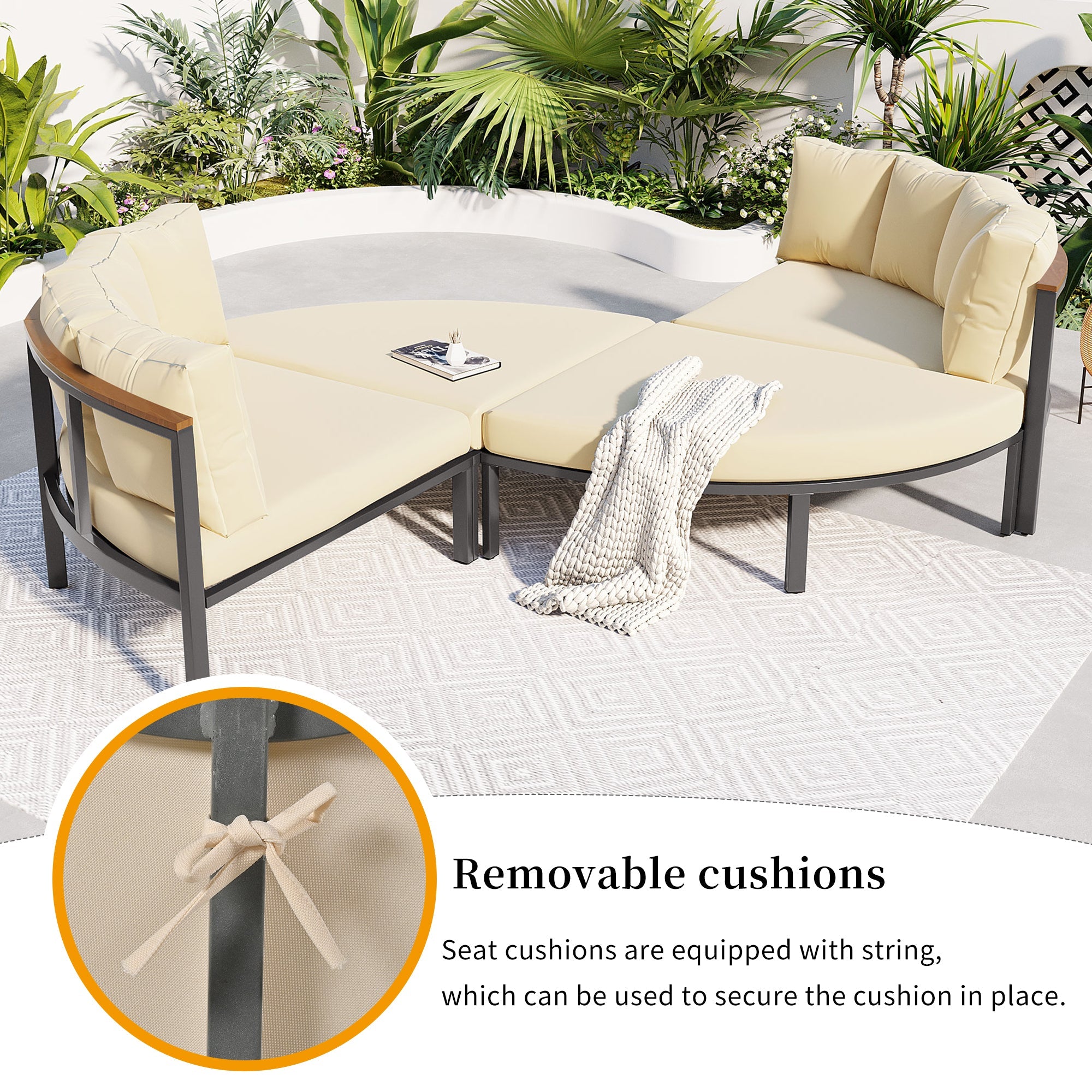 U-style Patio Furniture Set, 4 Piece Round Outdoor Conversation Set All Weather Metal Sectional Sofa with Cushions