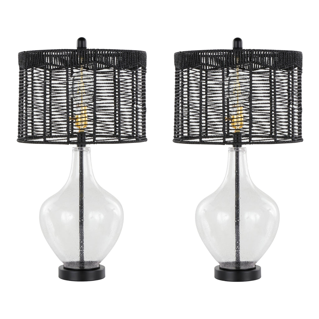 Jenna 26 ' Contemporary Glass Table Lamp in Clear Seeded Glass, Matte Black Metal and Matte Black Rope Rattan Shade from Grandview Gallery by LumiSource - Set of 2
