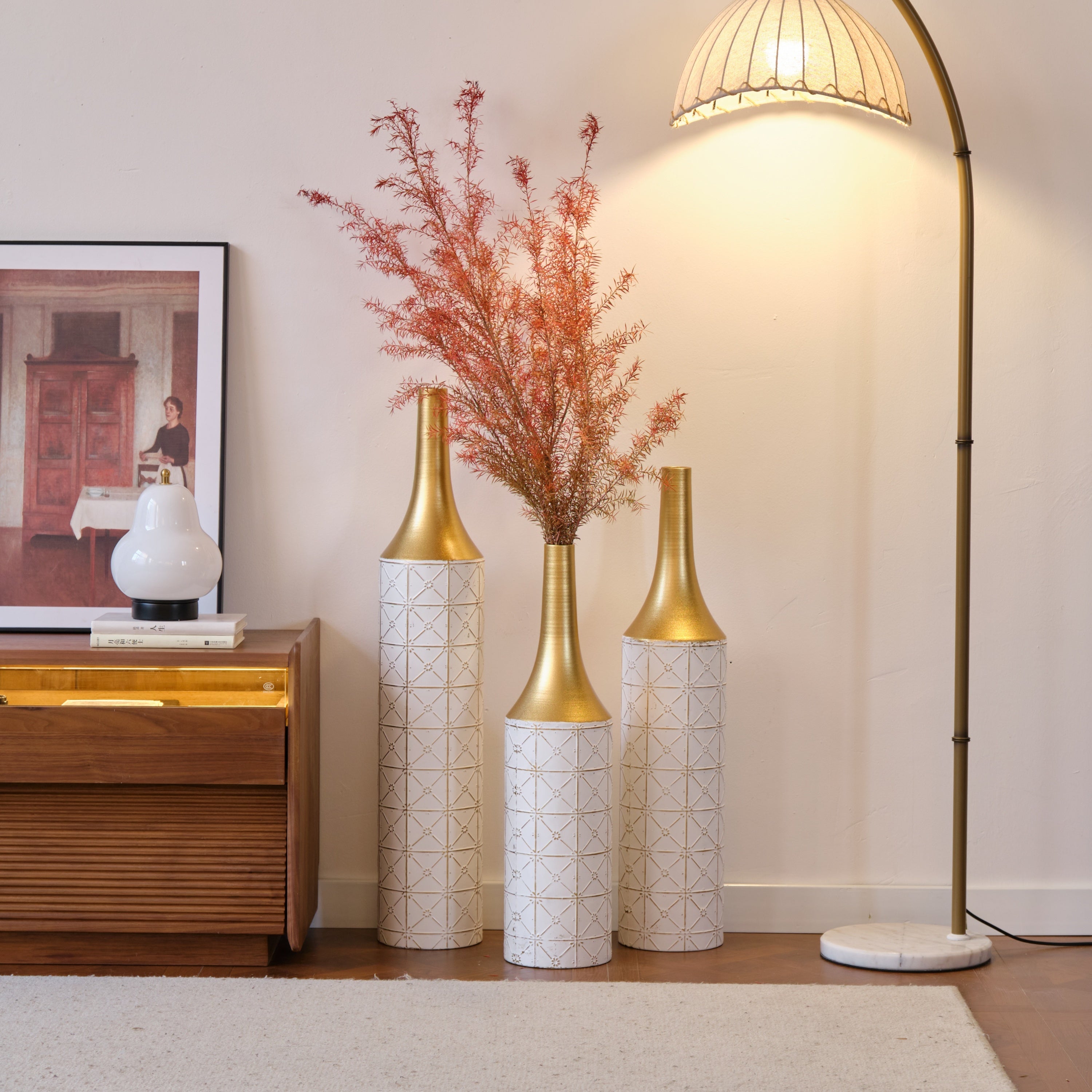 Floor Metal Vases Decorated White Metal Vases Set of 3 Gorgeous Home Decoration Large Glazed Metal Vases 24in/28.7in/33.5in Height