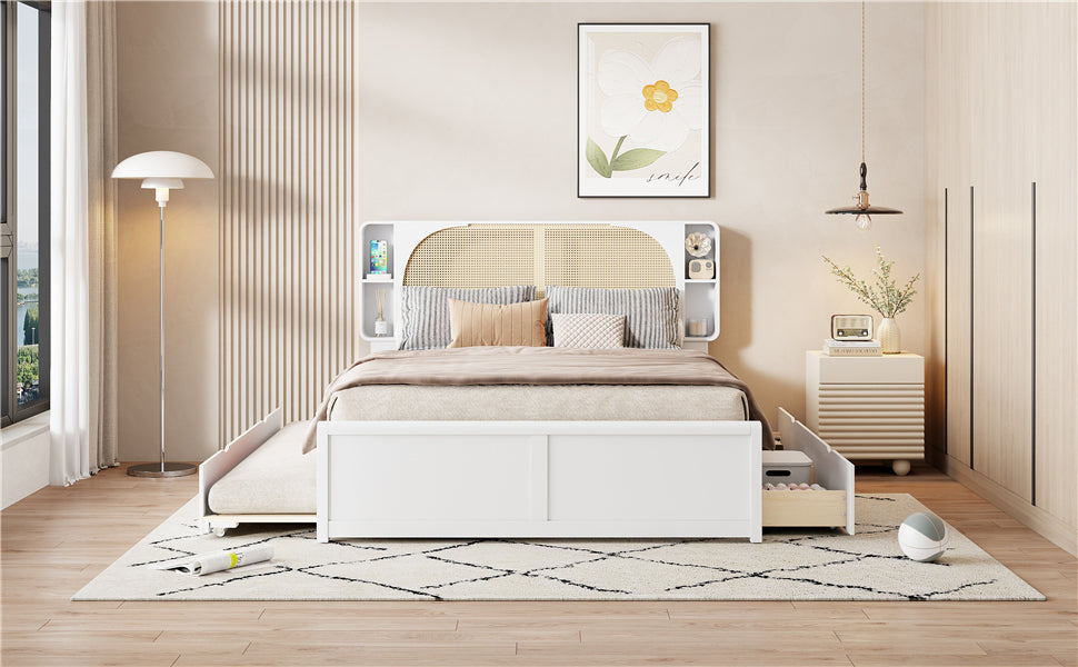 Queen Size Rattan Headboard Bed with Two Drawers and Trundle, White