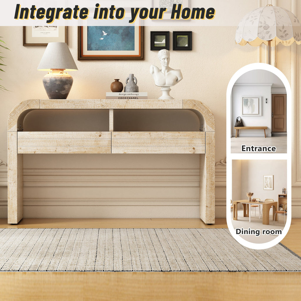 TREXM Console Table Entryway Table, Retro Curved Sofa Table with 2 Large Drawers, Narrow Console Table for Living Room Hallway Entrance, 52''×14''×31.5'', Natural Wood Wash
