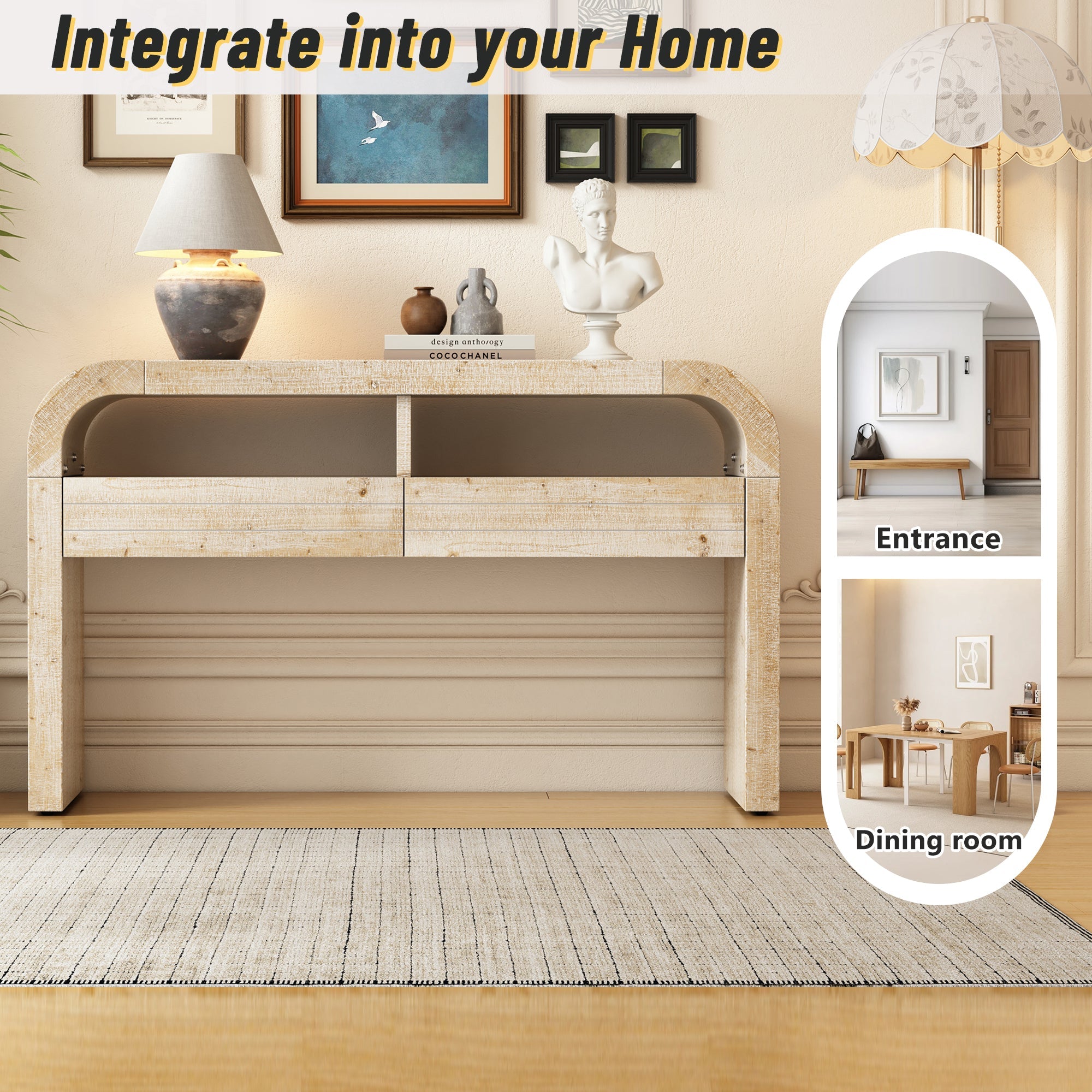 TREXM Console Table Entryway Table, Retro Curved Sofa Table with 2 Large Drawers, Narrow Console Table for Living Room Hallway Entrance, 52''×14''×31.5'', Natural Wood Wash