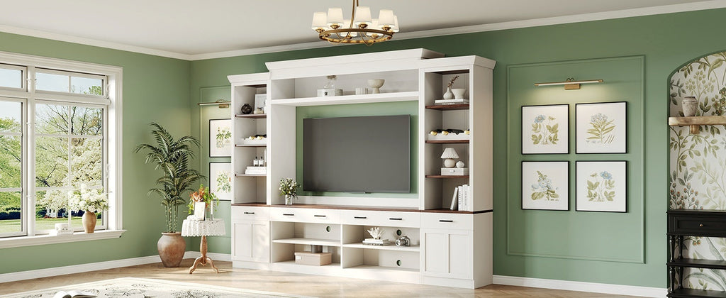 ON-TREND Farmhouse 4-Piece Entertainment Wall Unit Set with Bookshelf for TVs Up to 70', Walnut TV Stand with Adjustable Shelves, Mid-Century Large Media Console with Wine Rack for Living Room, White
