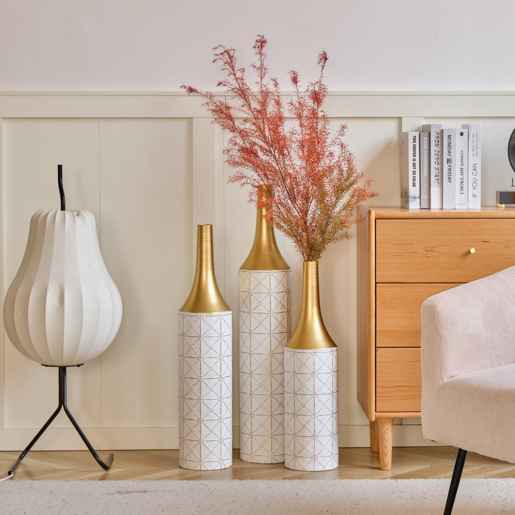Floor Metal Vases Decorated White Metal Vases Set of 3 Gorgeous Home Decoration Large Glazed Metal Vases 24in/28.7in/33.5in Height