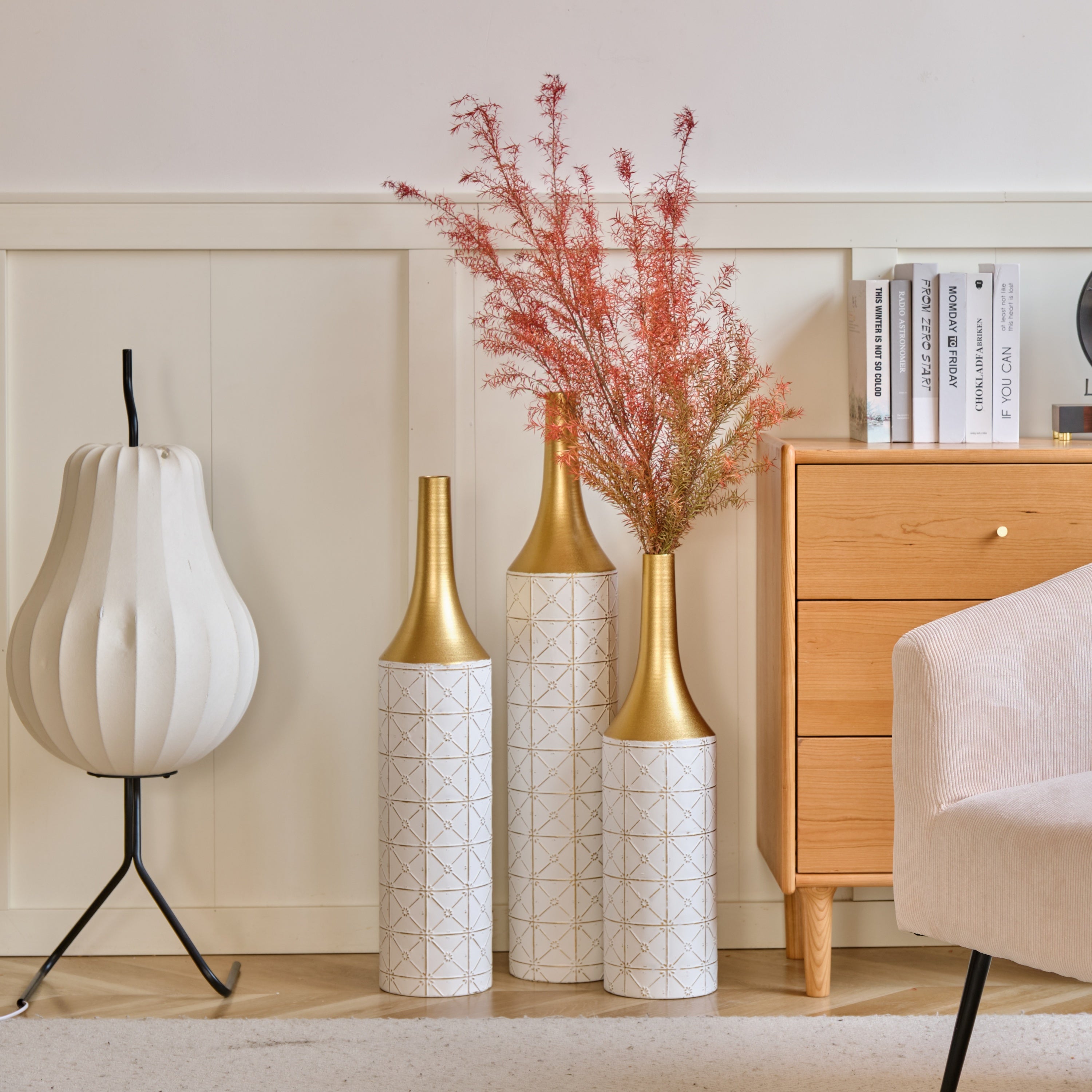 Floor Metal Vases Decorated White Metal Vases Set of 3 Gorgeous Home Decoration Large Glazed Metal Vases 24in/28.7in/33.5in Height