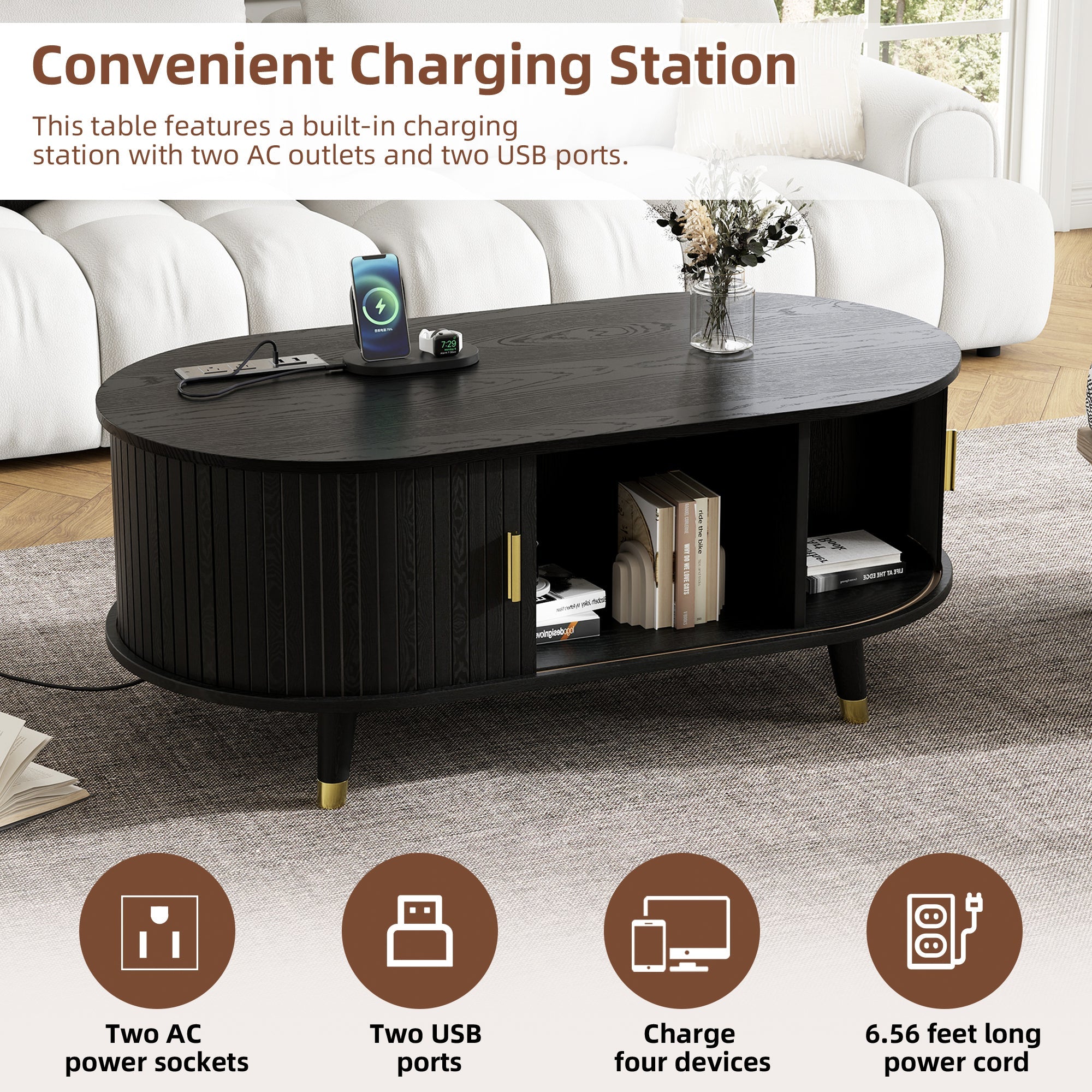 Wooden Farmhouse TV Stand & Coffee Table Set with Charging Station, Oval Fluted Media Console with Sliding Doors for TVs up to 80', Mid-Century Center Table with Solid Wood Legs for Living Room,Black