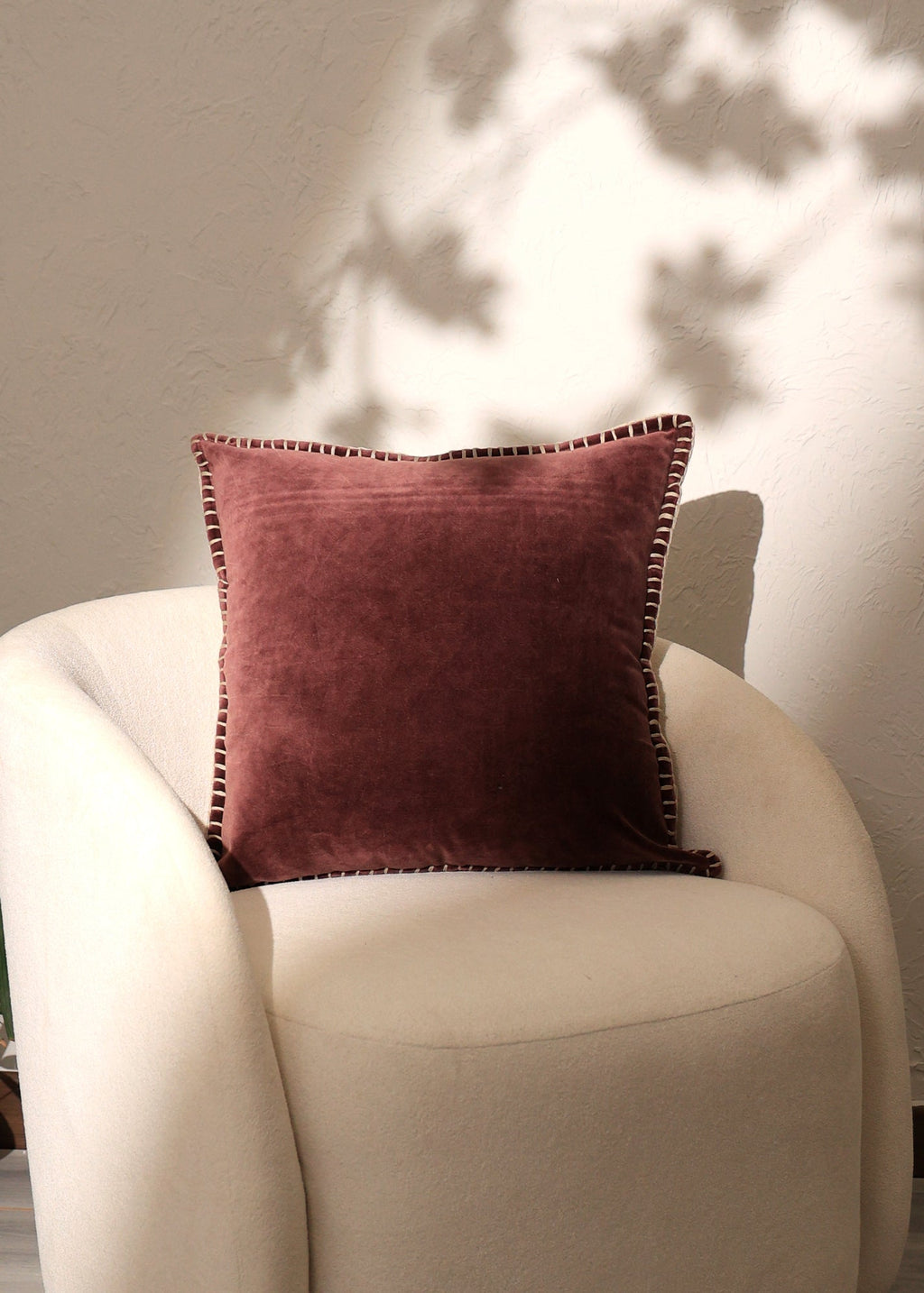 Stonewashed Cotton Velvet Throw Pillow with Decorative Handstiched Edges-19X19'