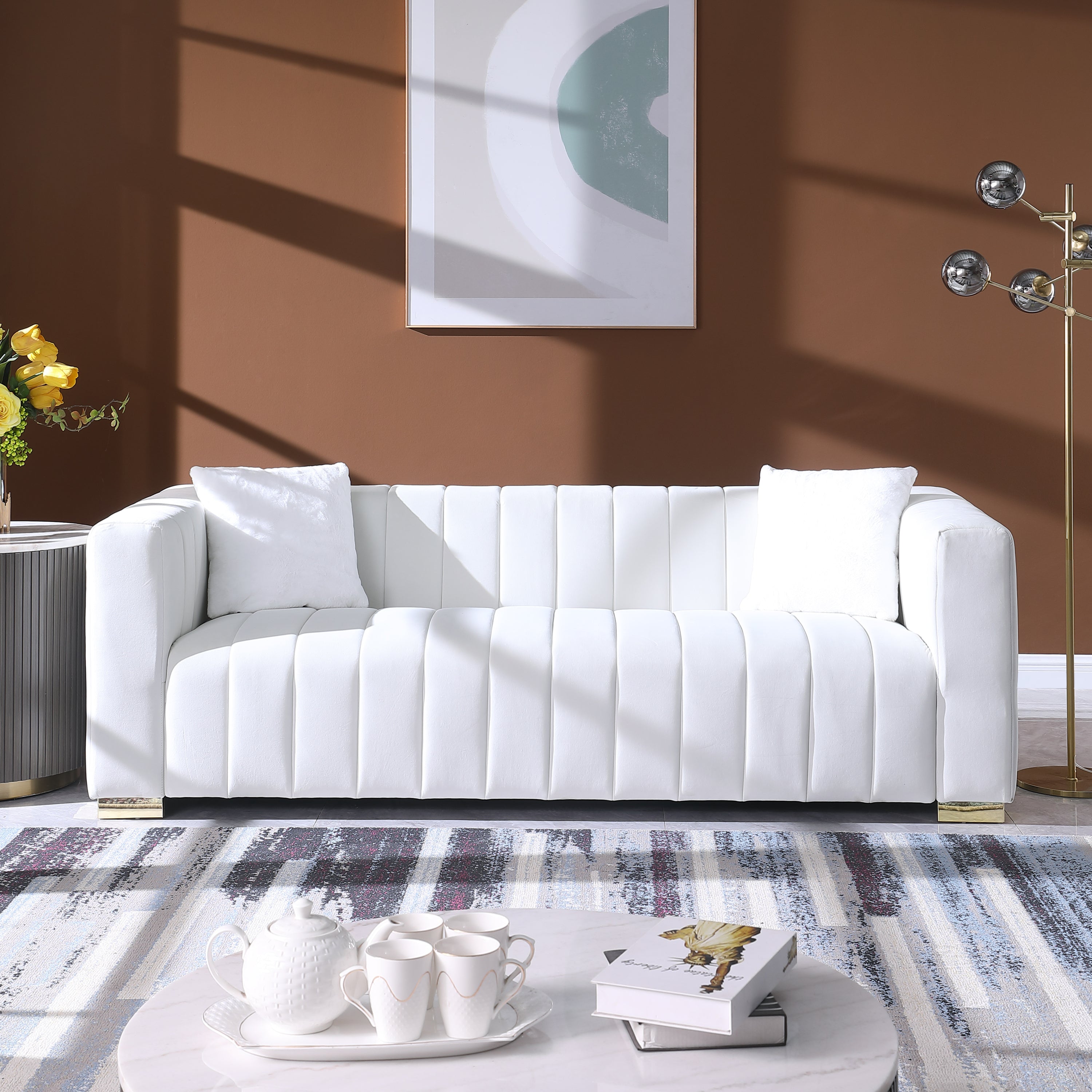 A modern  channel sofa  take on a traditional Chesterfield,White color,3 seater