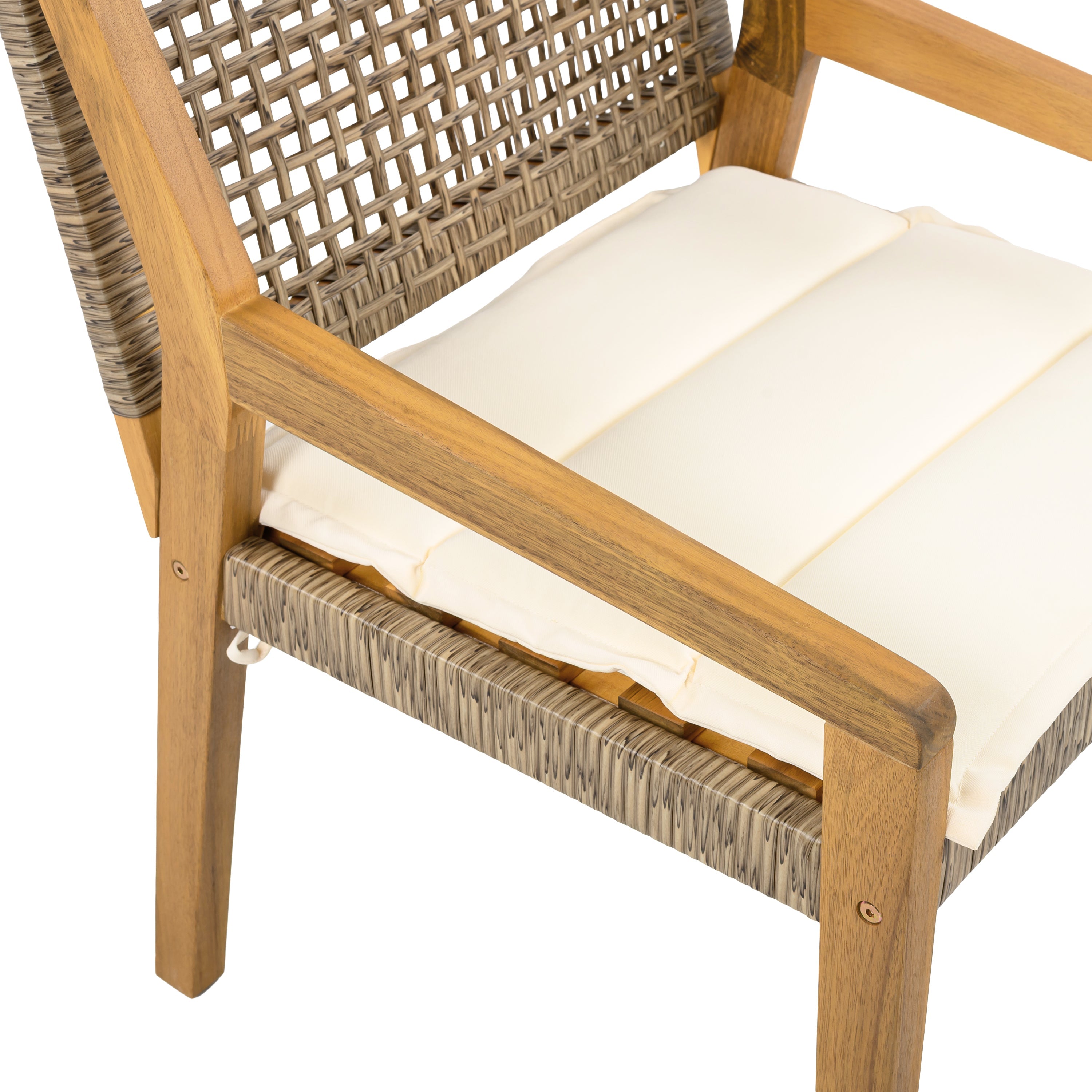 Outdoor Dining Set – Premium Acacia Wood Stamford Table & Wicker Chairs with Cream Cushion for Comfortable Dining Experience,Suitable for large gatherings(1 Table + 4 Chairs)