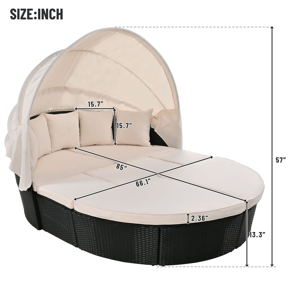 GO Outdoor rattan daybed sunbed with Retractable Canopy Wicker Furniture, Round Outdoor Sectional Sofa Set, black Wicker Furniture Clamshell Seating with Washable Cushions, Backyard, Porch, Beige