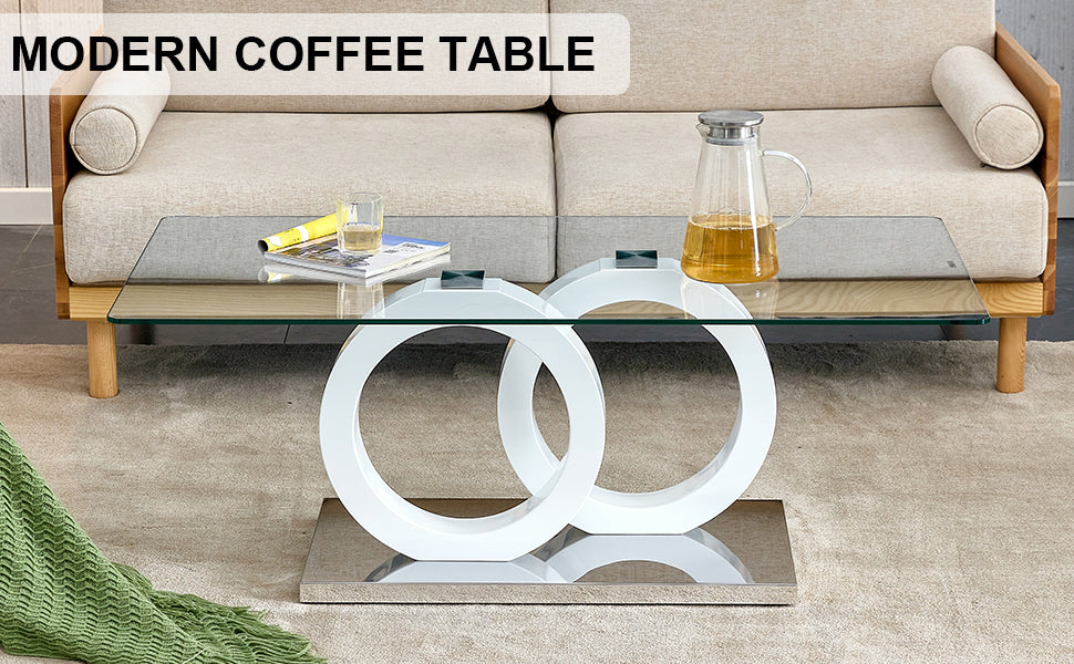 Rectangular modern and fashionable coffee table with tempered glass tabletop and white legs. Suitable for living room.47.2"*25.4"*17.9"