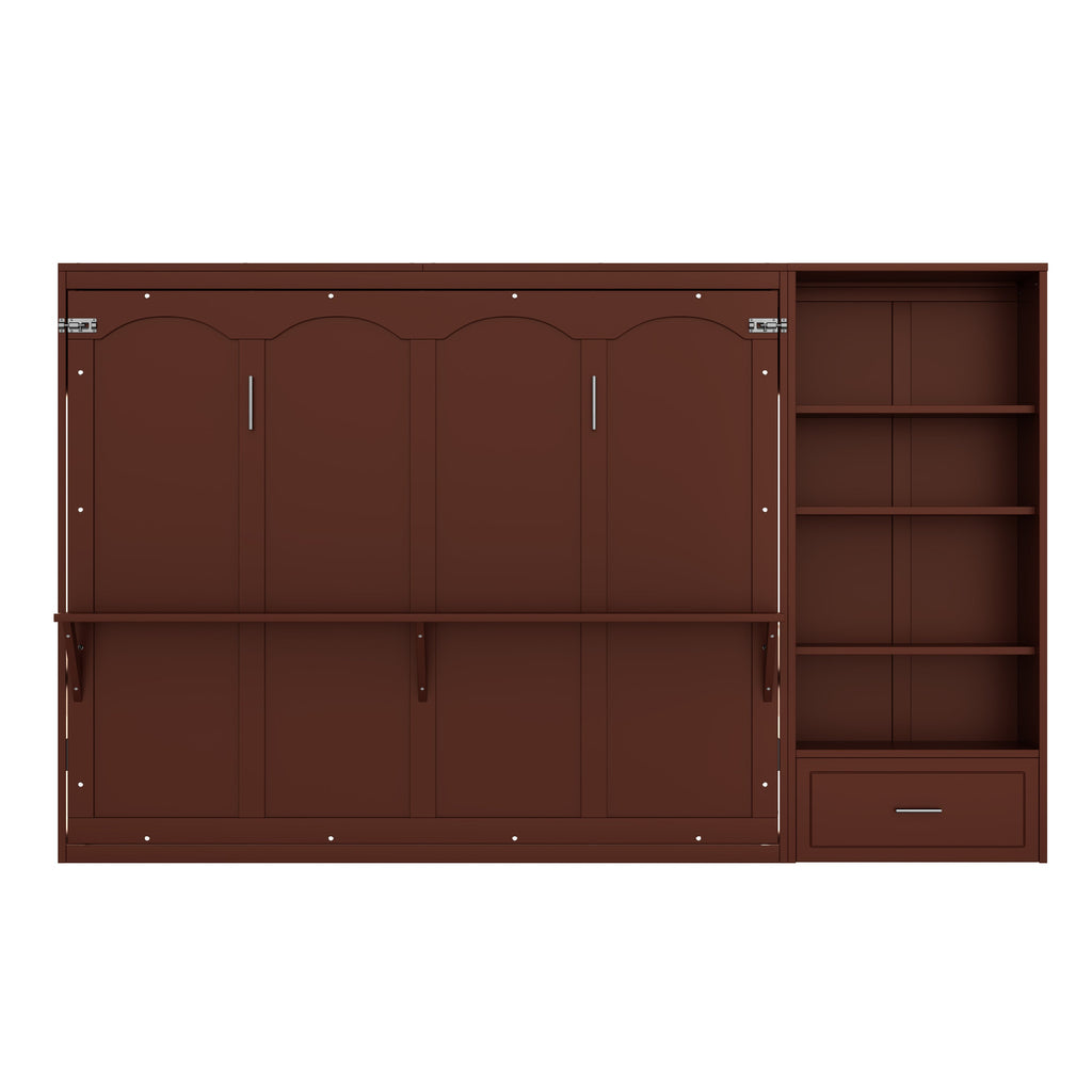 Queen Size Murphy Bed with Height Adjustable Storage Compartments and Shelf, Wall Bed Frame With 1 Drawer, Multifunctional Foldable Platform Bed for Small Space,Bedroom,Guest Room, Walnut