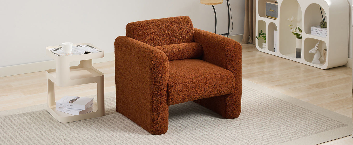 Modern Accent Chair Lambskin Sherpa Fabric Upholstered Comfy Reading Arm Chair Soft Padded Armchair with Back and Pillow for Living Room Bedroom Reception Waiting Room Office,Burnt Orange