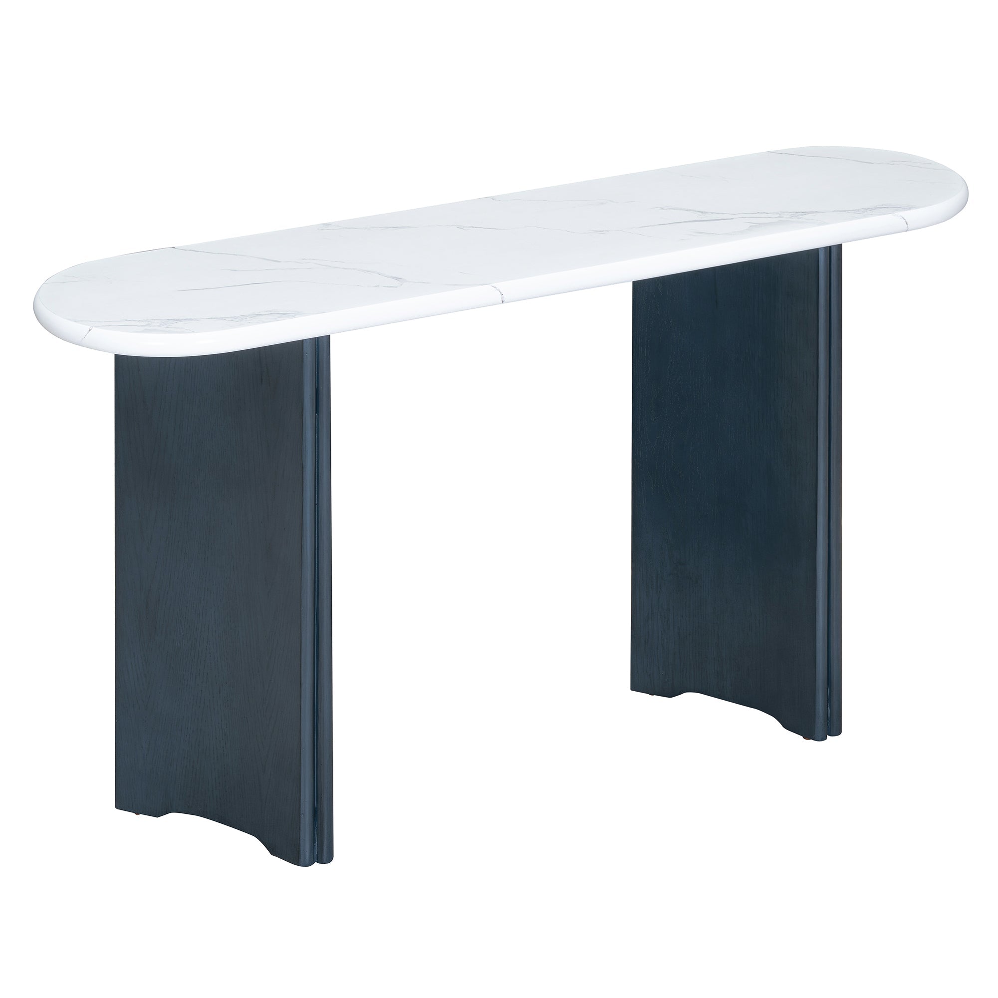TREXM Narrow Console Table, Entryway Table with Oval Faux Marble Top, Rustic Sofa Table with Curved Legs, Hallway Accent Table for Entrance and Living Room (Navy+White)