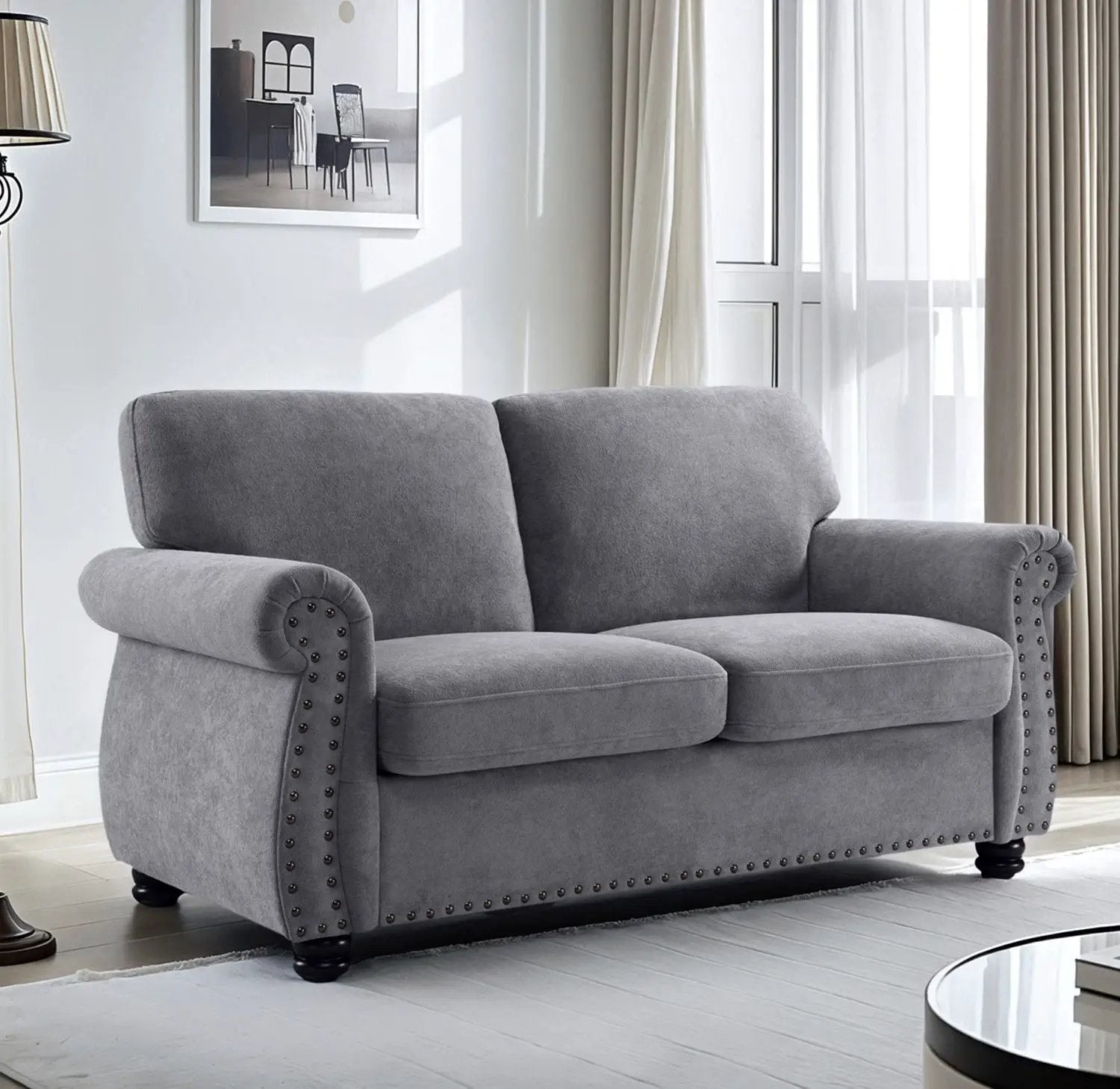 Soft Loveseat, Upholstered 2 Seater Couch, Loose Back Cushions And Turned Legs