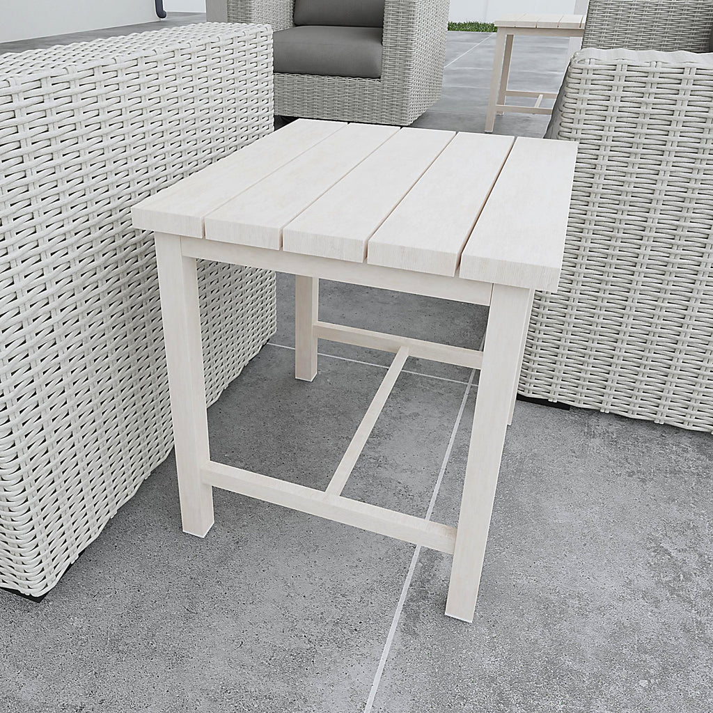 Durable Outdoor End Table - Solid Aluminum Construction, Whitewashed Birch Look - Natural Charm, Adjustable Levelers
