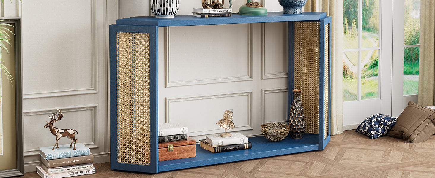 TREXM Narrow Console Table with Unique Irregular Top Design, Entryway Table with Open Shelf, Rattan Sofa Table for Living Room Hallway and Entrance (Antique Blue)