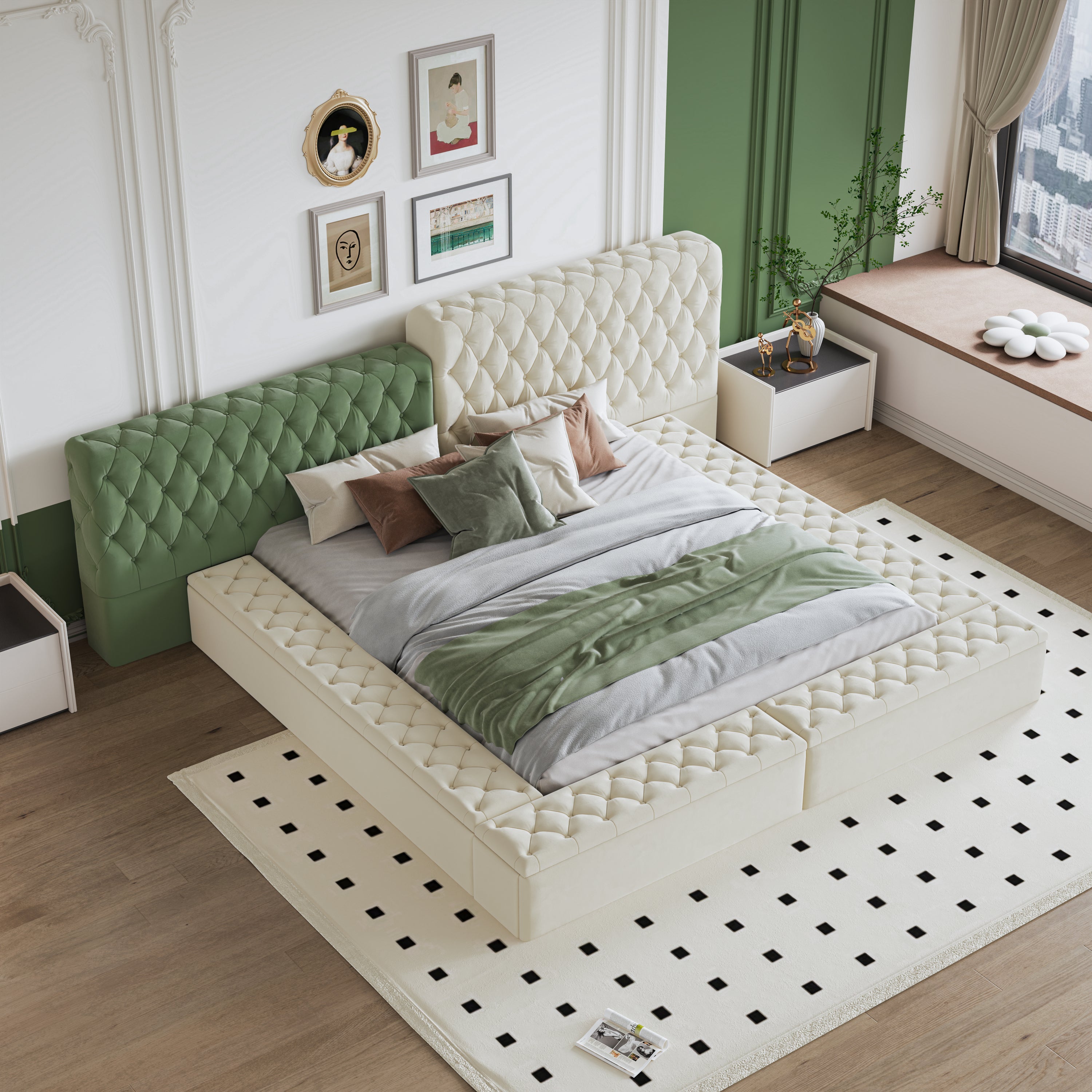 Contemporary Special-shaped Fully Upholstered Bed with Deep Button Tufting and Storage Compartments in Rails and Footboard,No Box Spring Needed,King,Beige