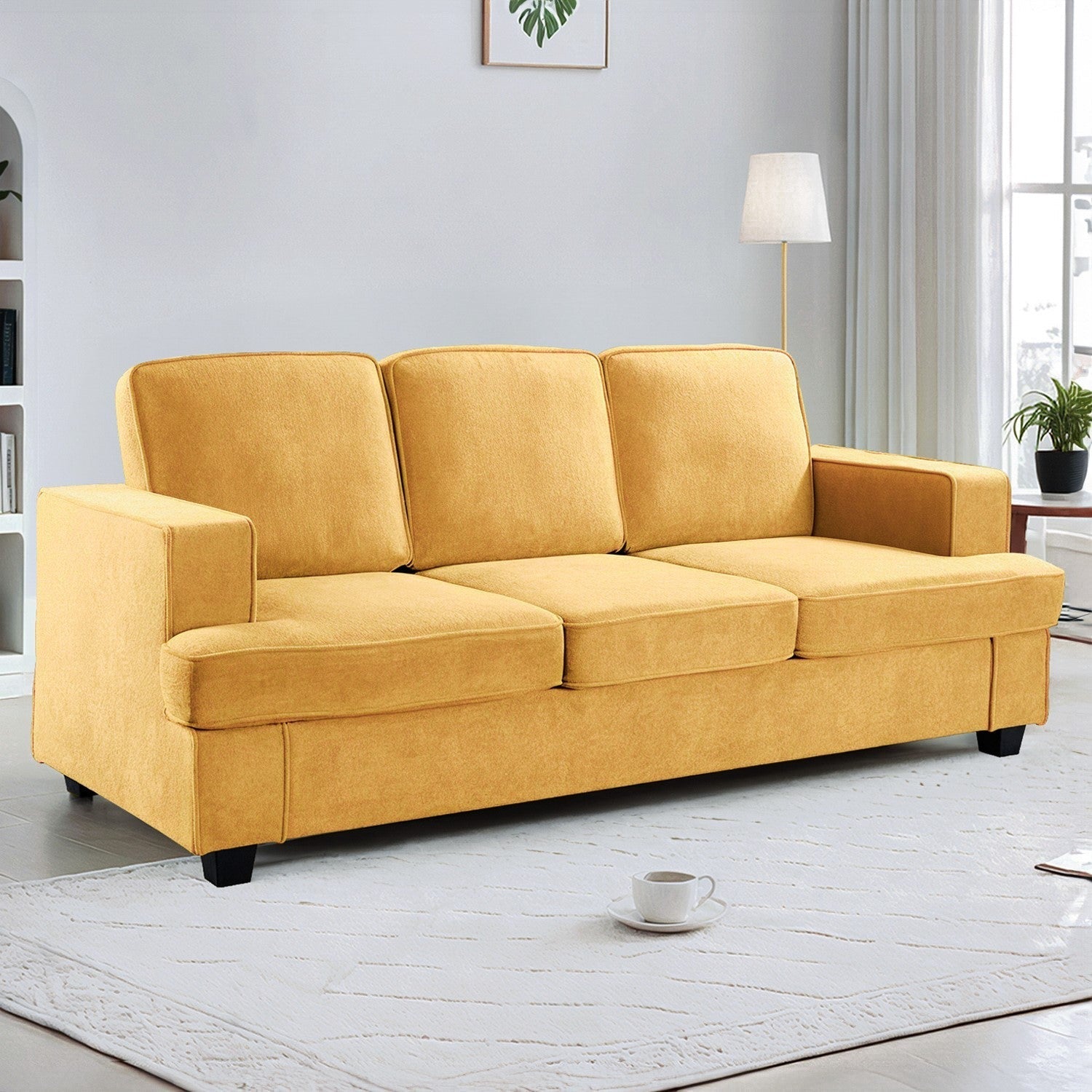 Modern Velvet Sofa, Comfortable 3 Seater Couch with Deep Seating and High-Density Foam, Loose Back Cushions, Wide Arms, Living Room Furniture for Home, Apartment, Office, Mustard yellow