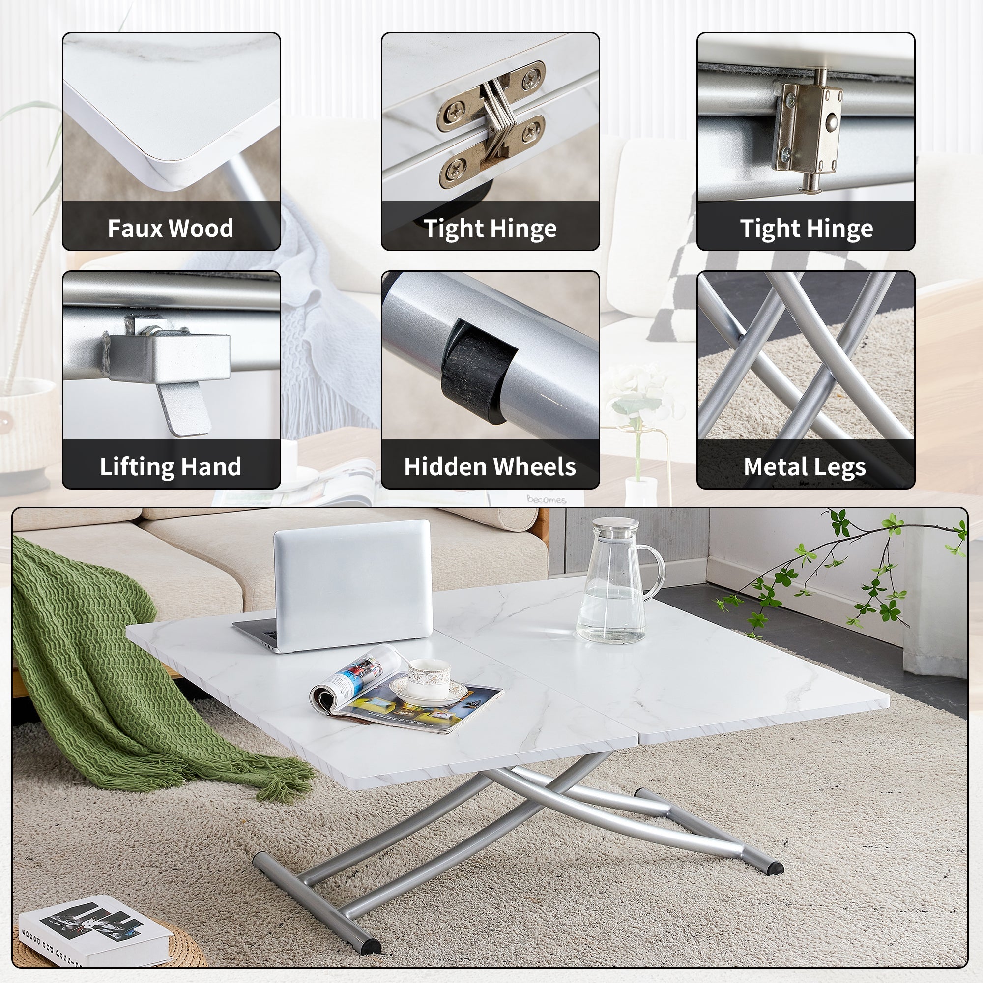 Modern minimalist multifunctional lift table with 0.8 inch MDF desktop and silver metal legs, can be used as a dressing table, coffee table, dining table, and office table