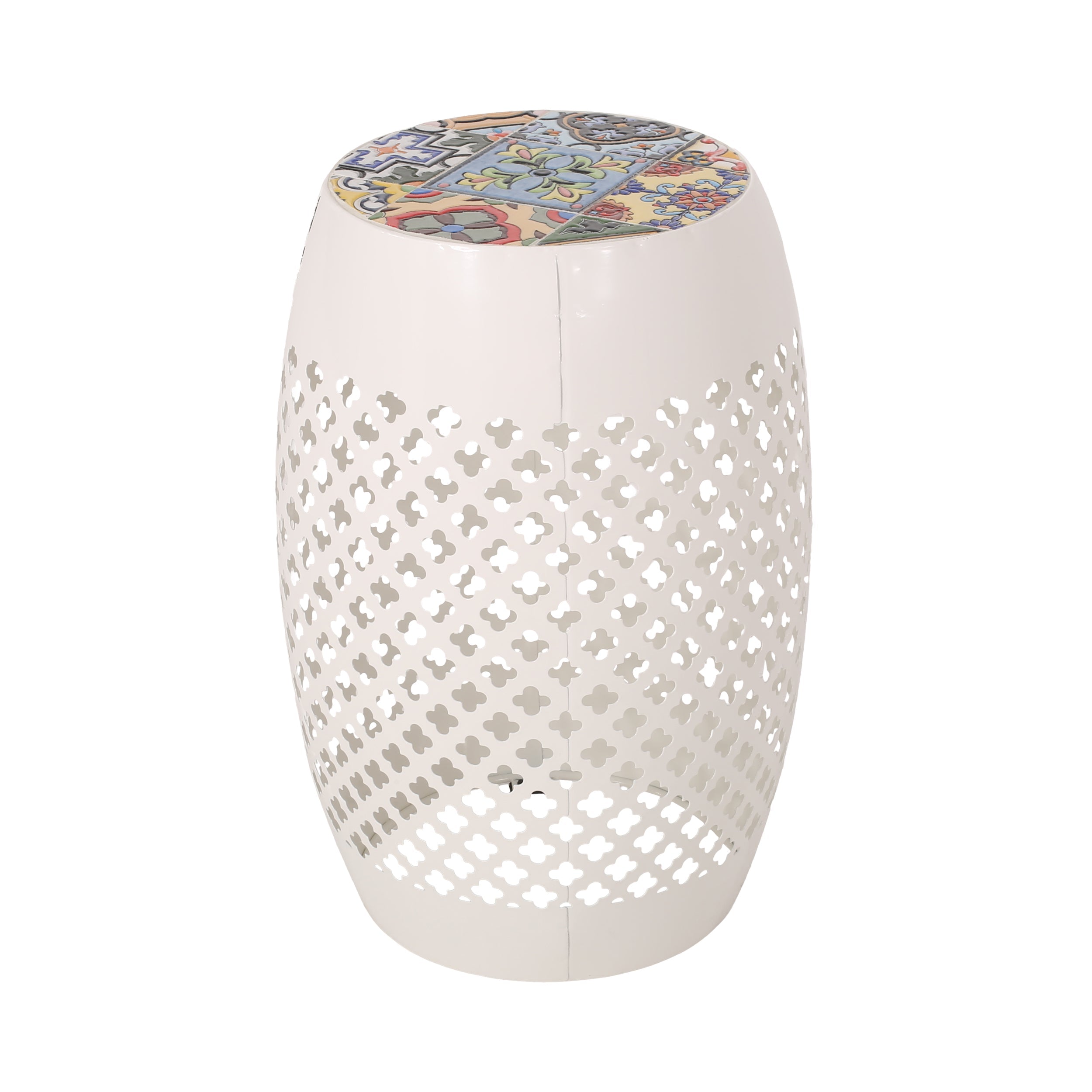 Transitional ROSWELL Side Table with Tile Mosaic Top and Lace Cut Metal Frame in White, Iron, 12.25x12.25x18 Inches