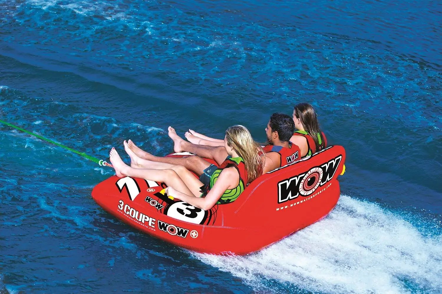 WOW Watersports 3-Person Coupe Cockpit Towable red inflatable tube with riders