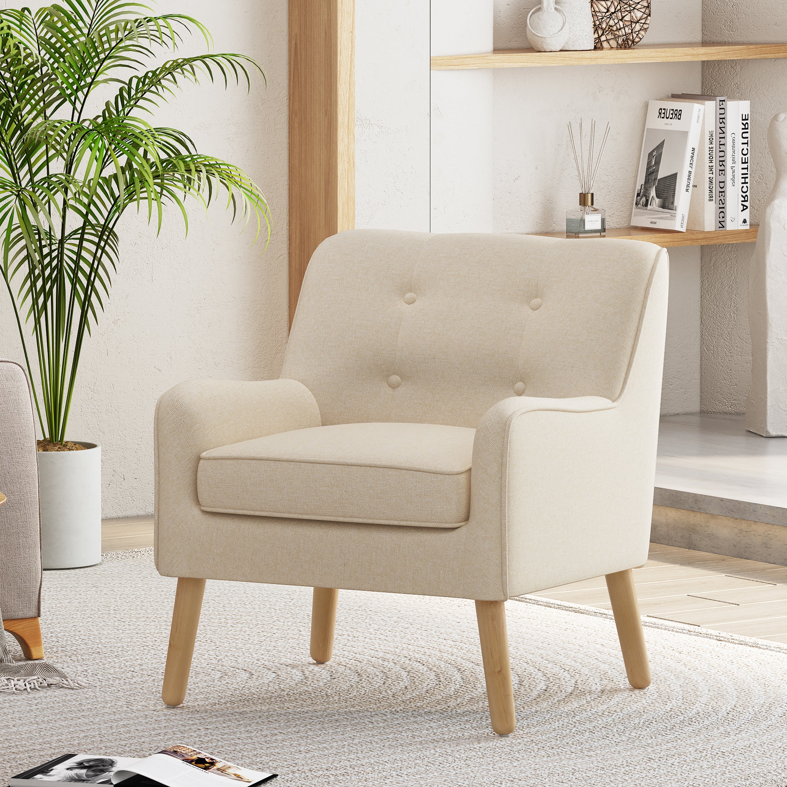 Mid-Century Modern Armchair - Tufted Fabric Accent Chair with Solid Wood Legs for Living Room, Bedroom & Office - Comfortable Polyester Upholstery - Classic Button-Tufted Back & Tapered Design