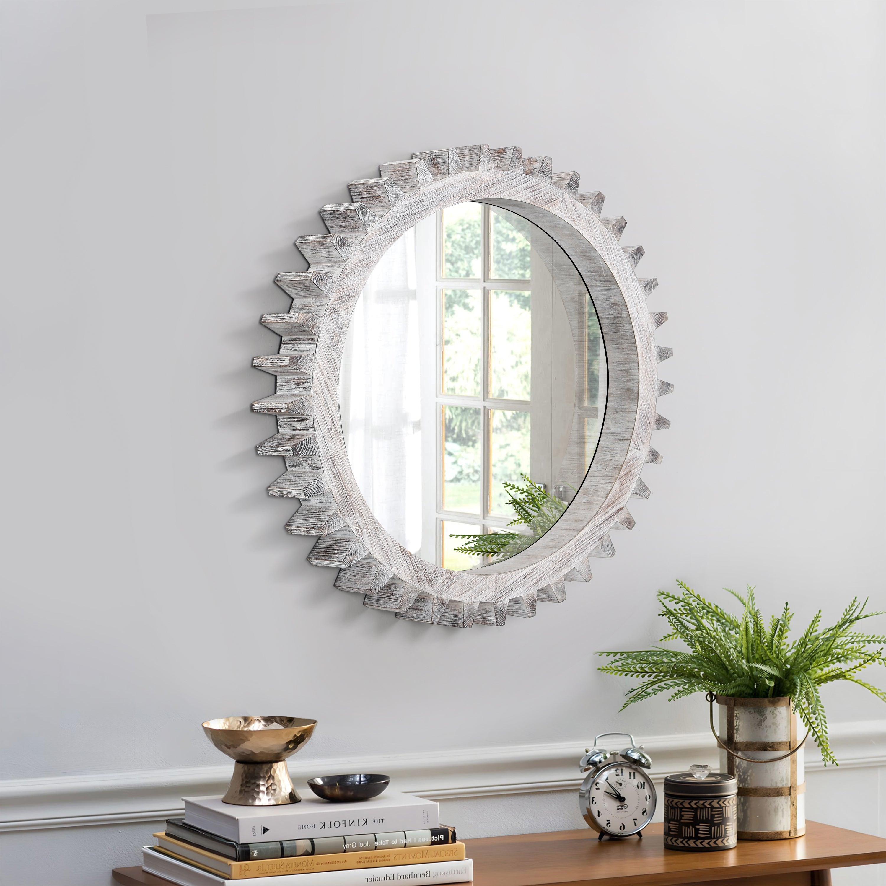 Vintage 17'' x 17'' Wood Round Hanging Gear Shape Decorative Mirror Patchwork Effect With Large-size Mirrors  Individually On Art Walls,Sold Individually(Antique White Washed)