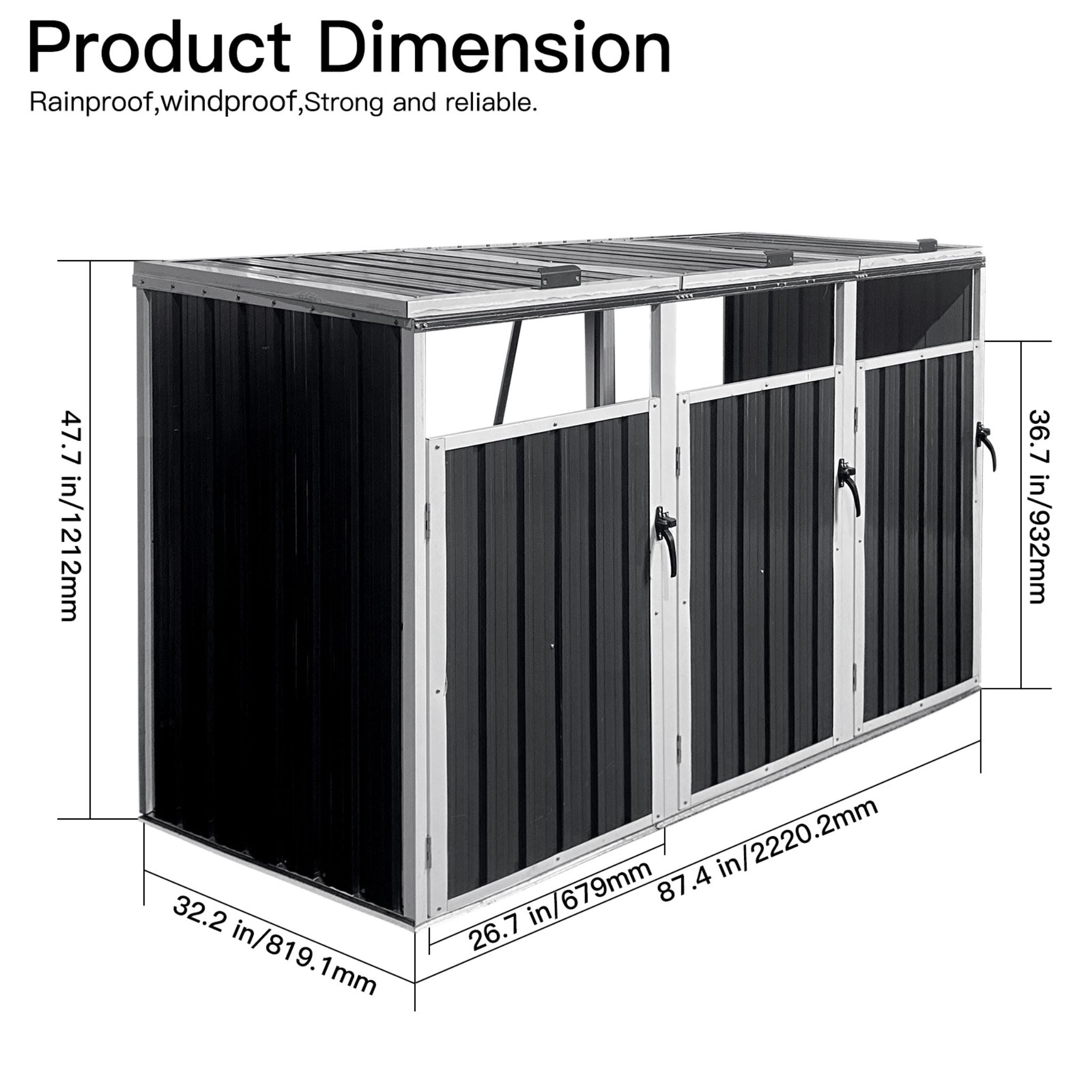 87 Inch Extra Large Heavy Duty Outdoor Metal Garbage Bin Shed For 3 Trash Cans (SAK34981)
