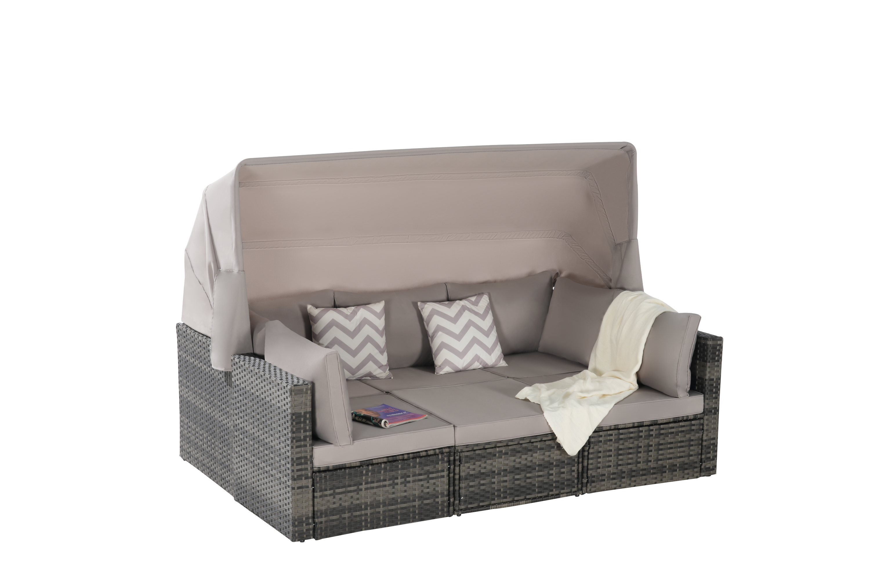5 Pieces Outdoor Patio Wicker Daybed Furniture Set with Retractable Canopy, Storable Side Table, and Soft Cushions for Relaxing in Your Backyard or Porch
