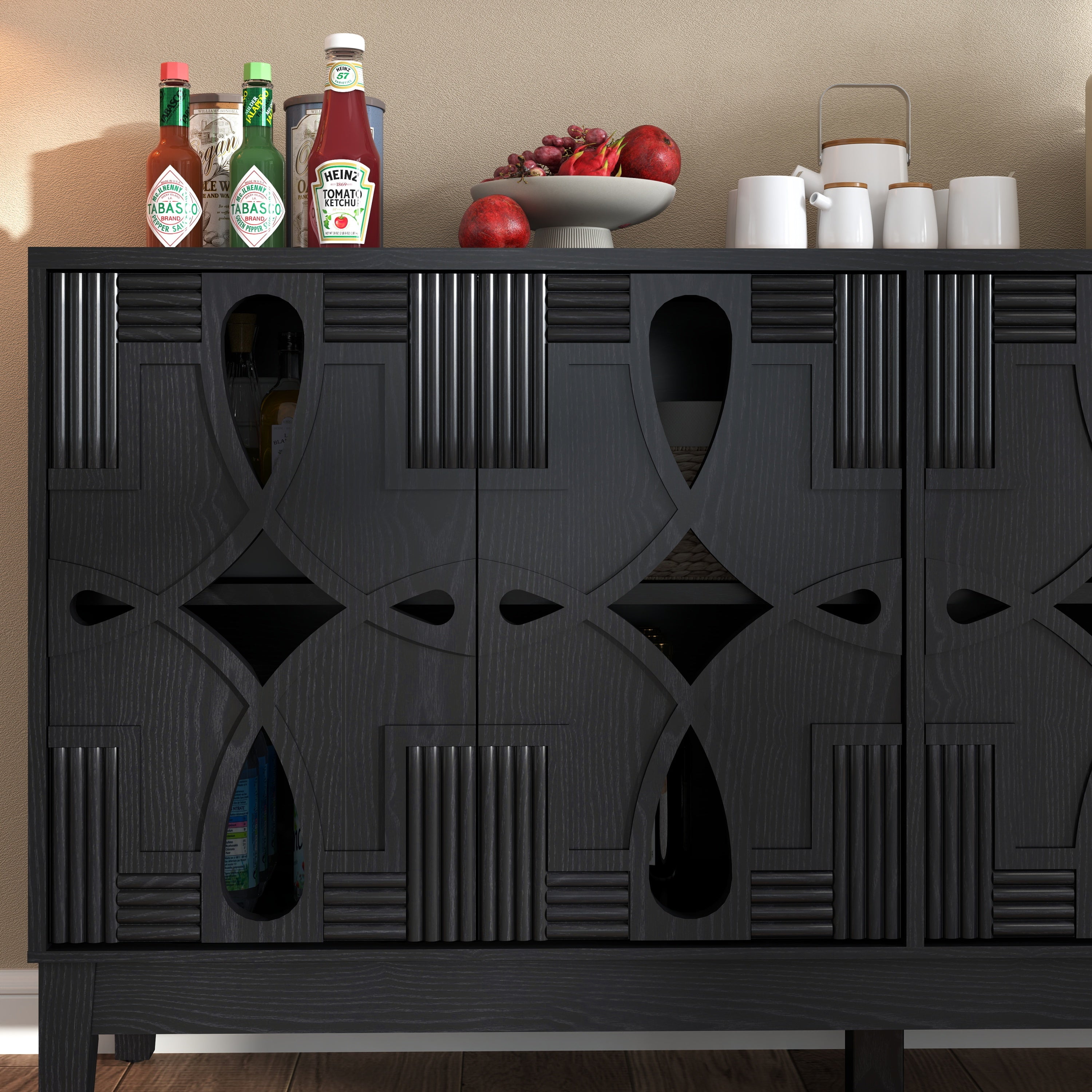 60.5' Mid Century Modern Sideboard Buffet Cabinet with Storage, TV Media Console Table, Storage Cabinet with 4 Doors & Adjustable Shelves for Kitchen Dining Living Room Entryway, Black