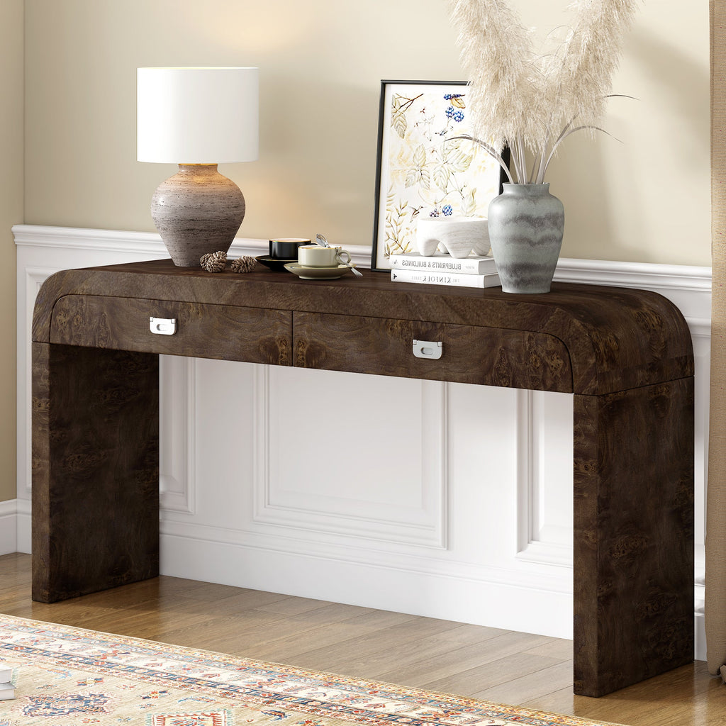 U_STYLE 60''Wooden Entryway Table with Burl Veneer, Console Table with 2 Large Drawers and Metal Handles,Multi-Functional Sofa Table with 2 Sturdy Legs,Suitable for Living Room, Foyer,Hallway, Office