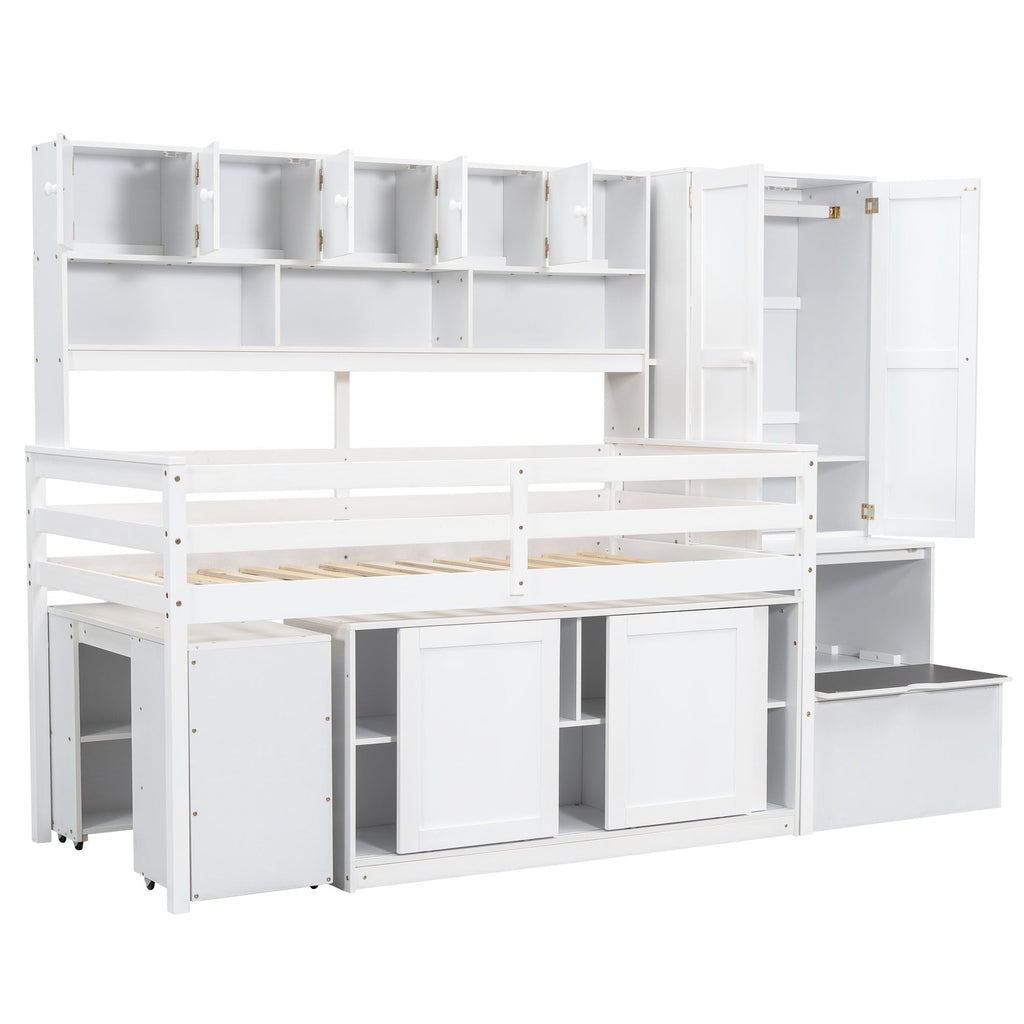 Twin Size Wooden Loft Bed Big Storage with Under-bed Desk, with Drawers, with Shelves, White