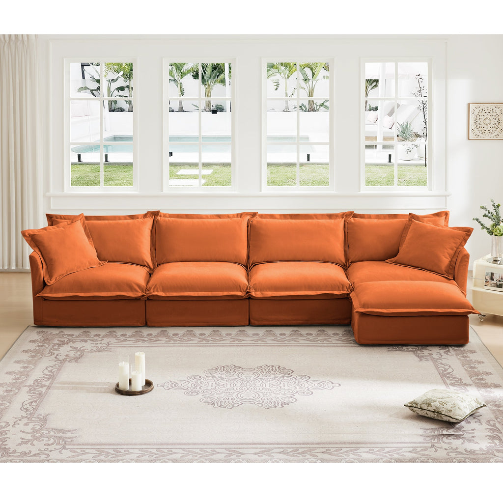 Slipcovered L Shape Sectional Long Sofa Couch, 4 Seater Sofa with Suppleness Armrests, Chenille Deep Seat Sofa with 2 Big Pillows, Comfy Couch for Living Room, Apartment, Chenille Fabric, Orange