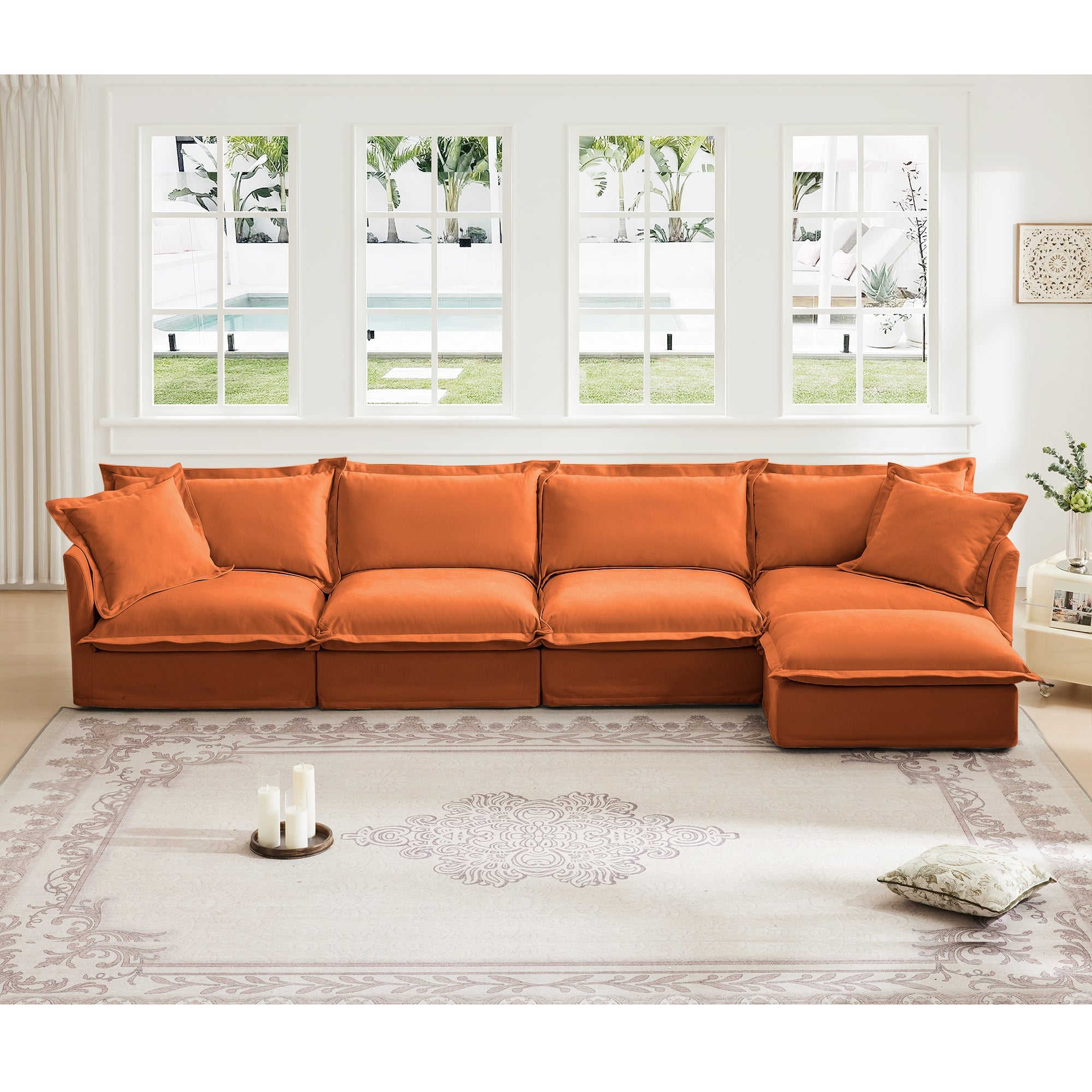 Slipcovered L Shape Sectional Long Sofa Couch, 4 Seater Sofa with Suppleness Armrests, Chenille Deep Seat Sofa with 2 Big Pillows, Comfy Couch for Living Room, Apartment, Chenille Fabric, Orange