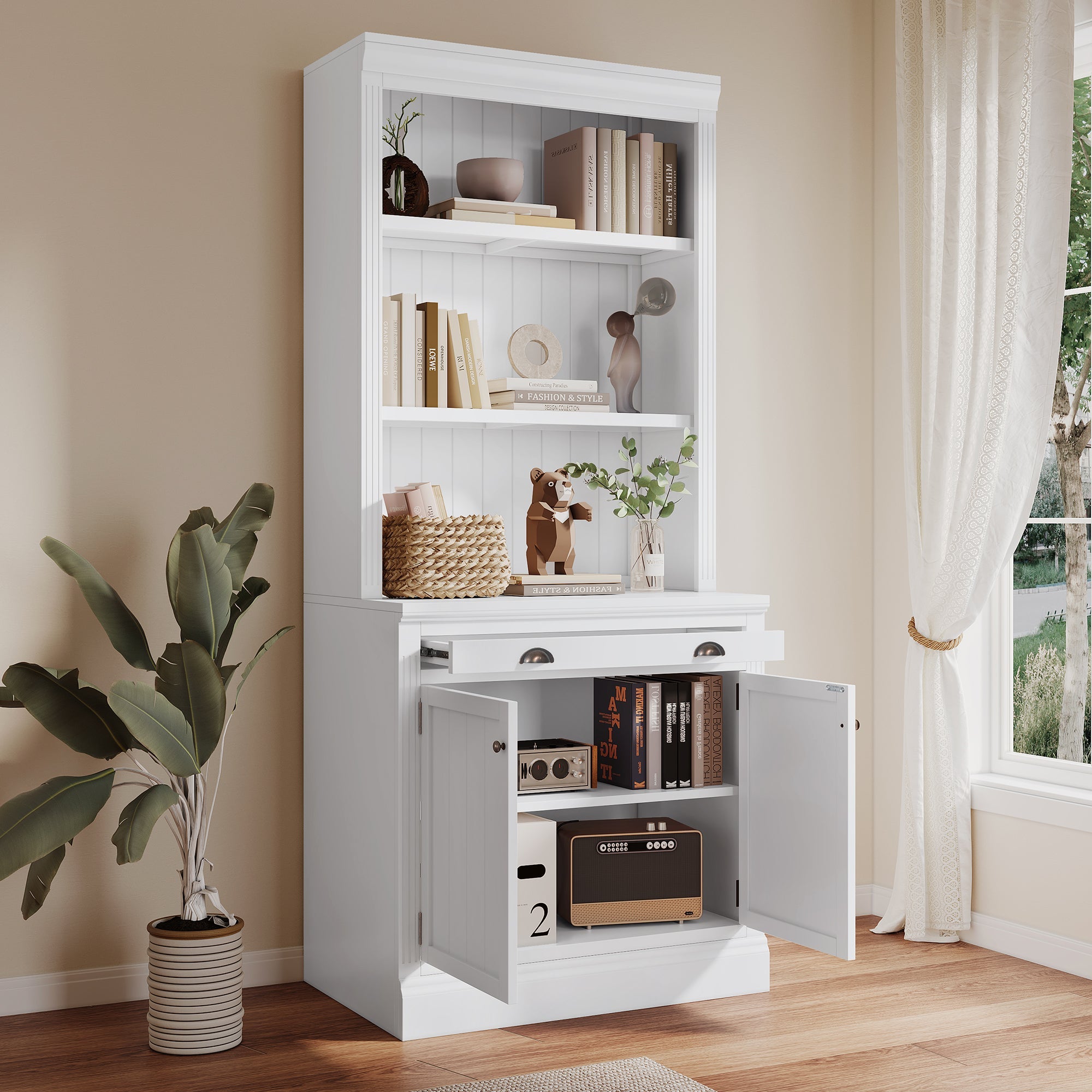 83.4"Tall Bookshelf Suite, Modern Bookcase Suite with LED Lighting,Doors and Drawers,2-Piece Set Storage Bookcase with Open Shelves for Living Room,Home Office,White