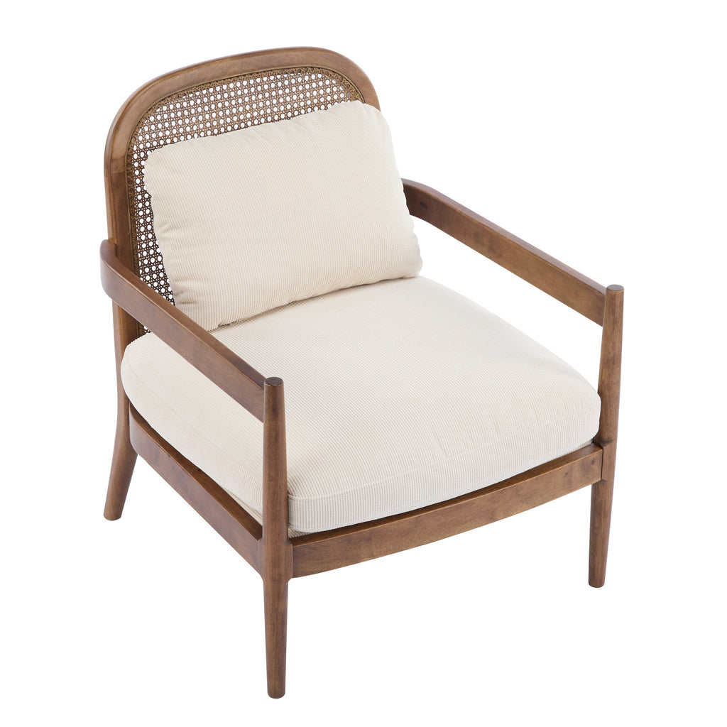 [Set of 2] 26.6' Mid-Century Modern Accent Chair with Light Brown Finish Solid Wood Frame and Rattan Backrest, Beige Cushion with Striped Fabric, Comfy Armchairs for Living Room, Bedroom, Reading Nook