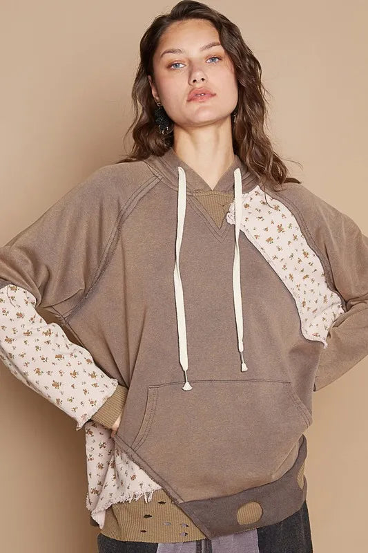 POL Floral Patchwork Distressed Drawstring Hoodie