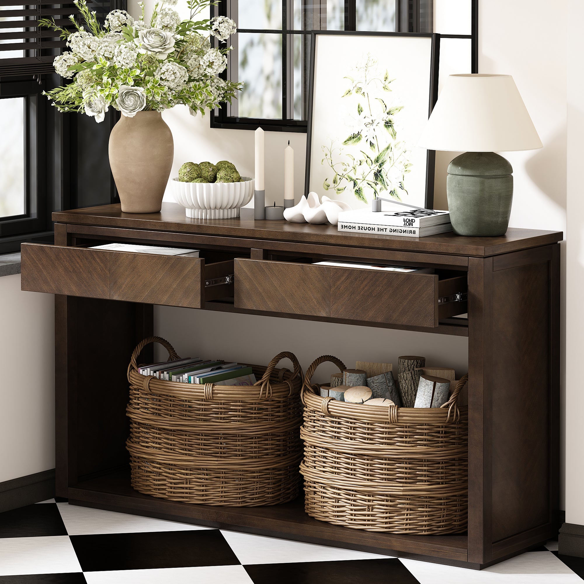 TREXM 55' Console Table, Rustic Wooden Entryway Table with Storage Drawers and Open Shelf, Elegant Sofa Table for Hallway and Living Room (Brown)
