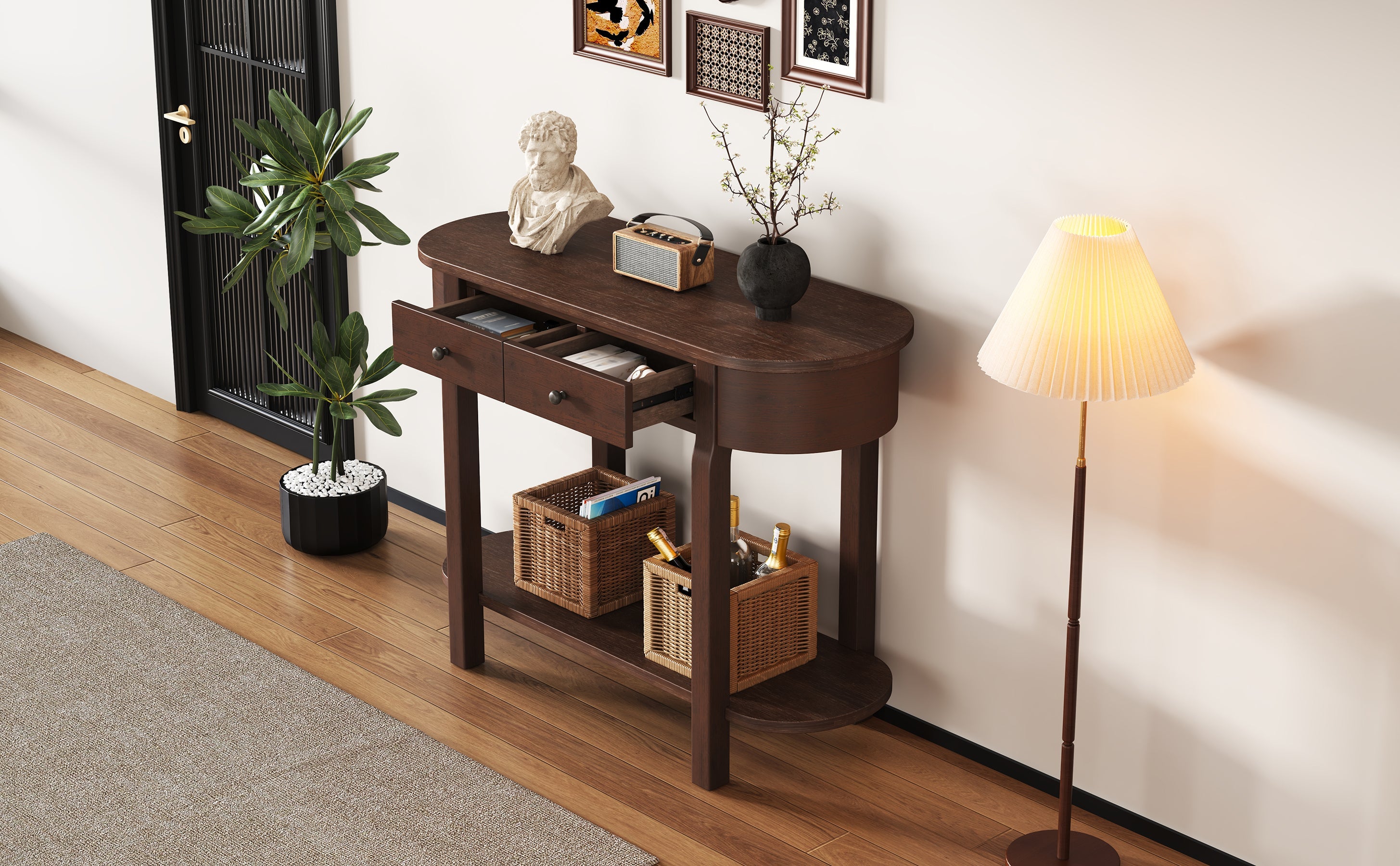 TREXM Elegant Retro Console Table with Curved Design and Smooth Glaze for Entryways, Living Rooms and hallways (Espresso)