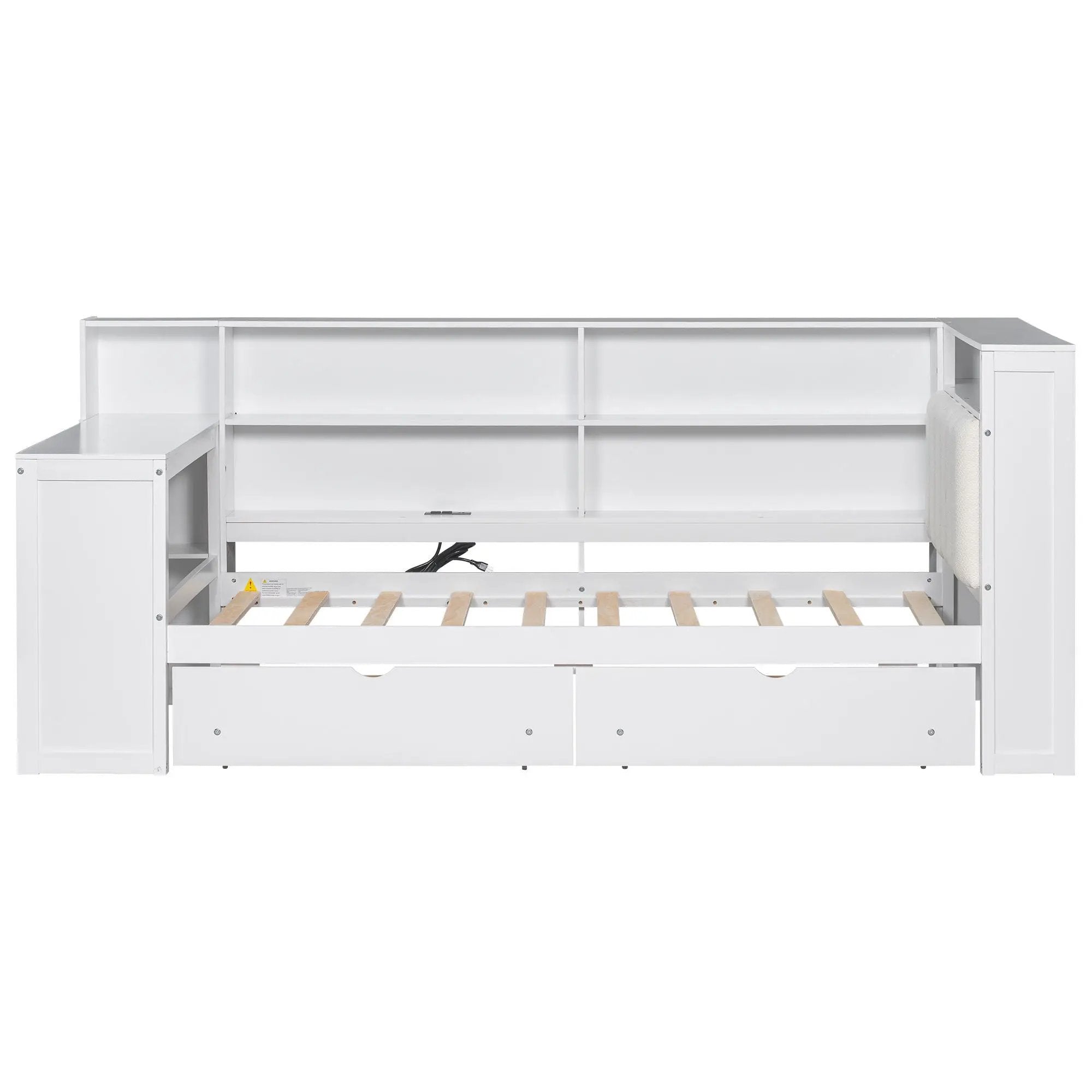 Platform Bed With Upholstered Headboard, Storage Shelves, Drawers, Charging Station, LED Lighting, Built In Desk
