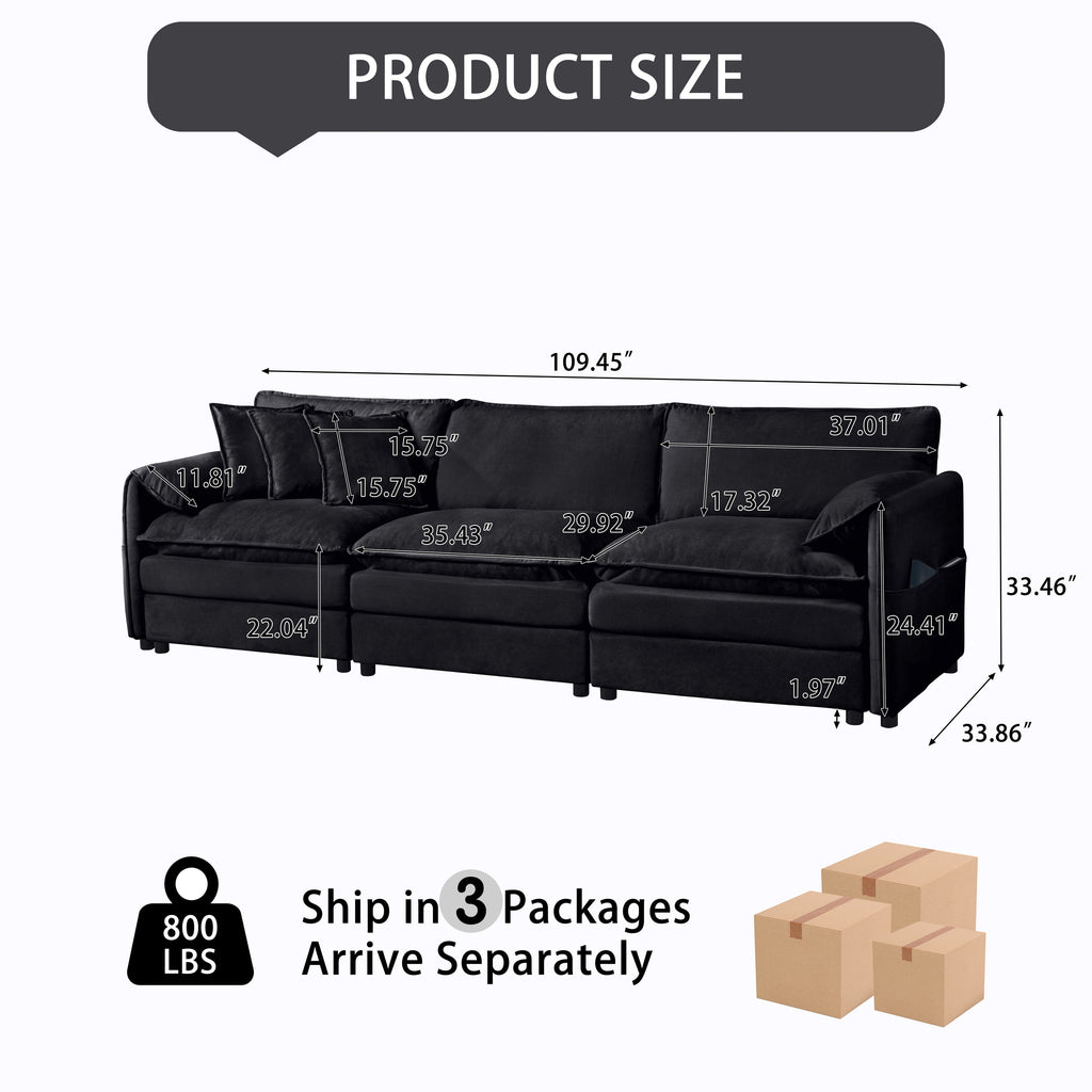 Oversized Deep Seat Sectional Sofa, Green Modern Chenille Cloud Couch, Large 3 Seater Modular Sofa with 3 Pillows for Living Room Bedroom Apartment Office,DIY Combination,Black