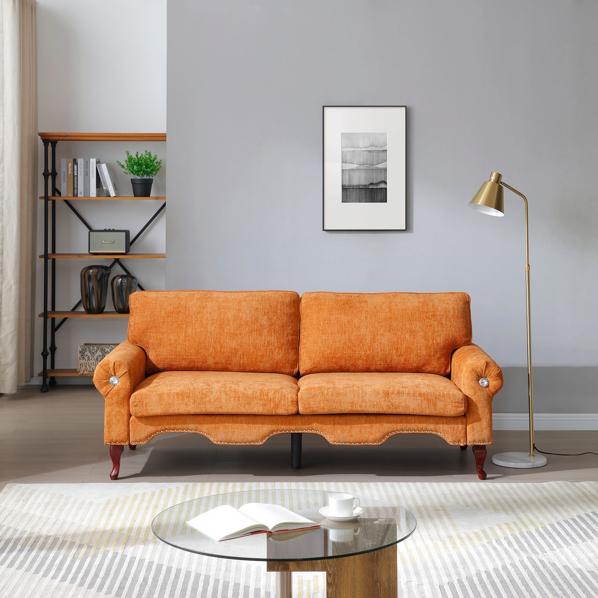 80-Inch Modern Velvet 3 seat Sofa with Wooden Legs & Crystal button and Copper Nail, Tufted Backrest, Perfect for Living Room, Bedroom, or Office (Orange)
