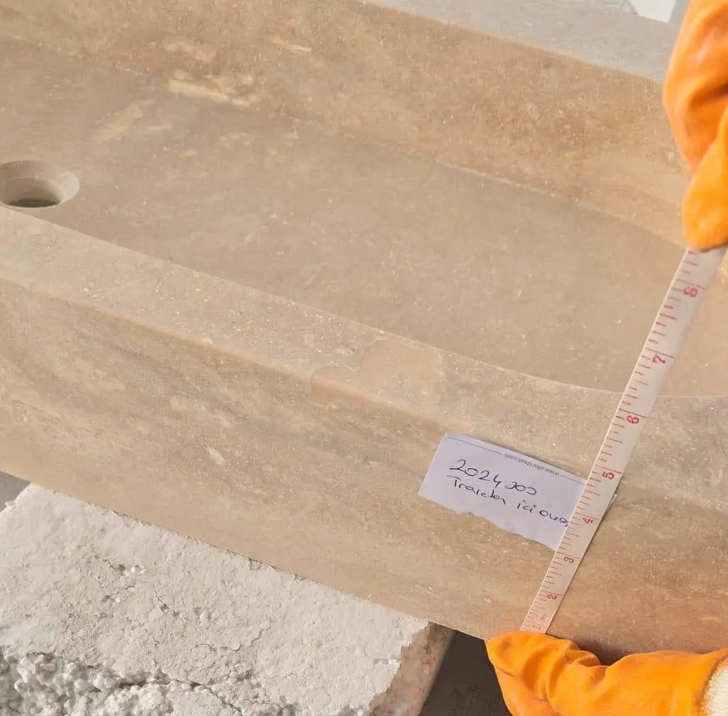 Light travertine natural stone basin for above-counter bathroom vanity sink by Villohome.