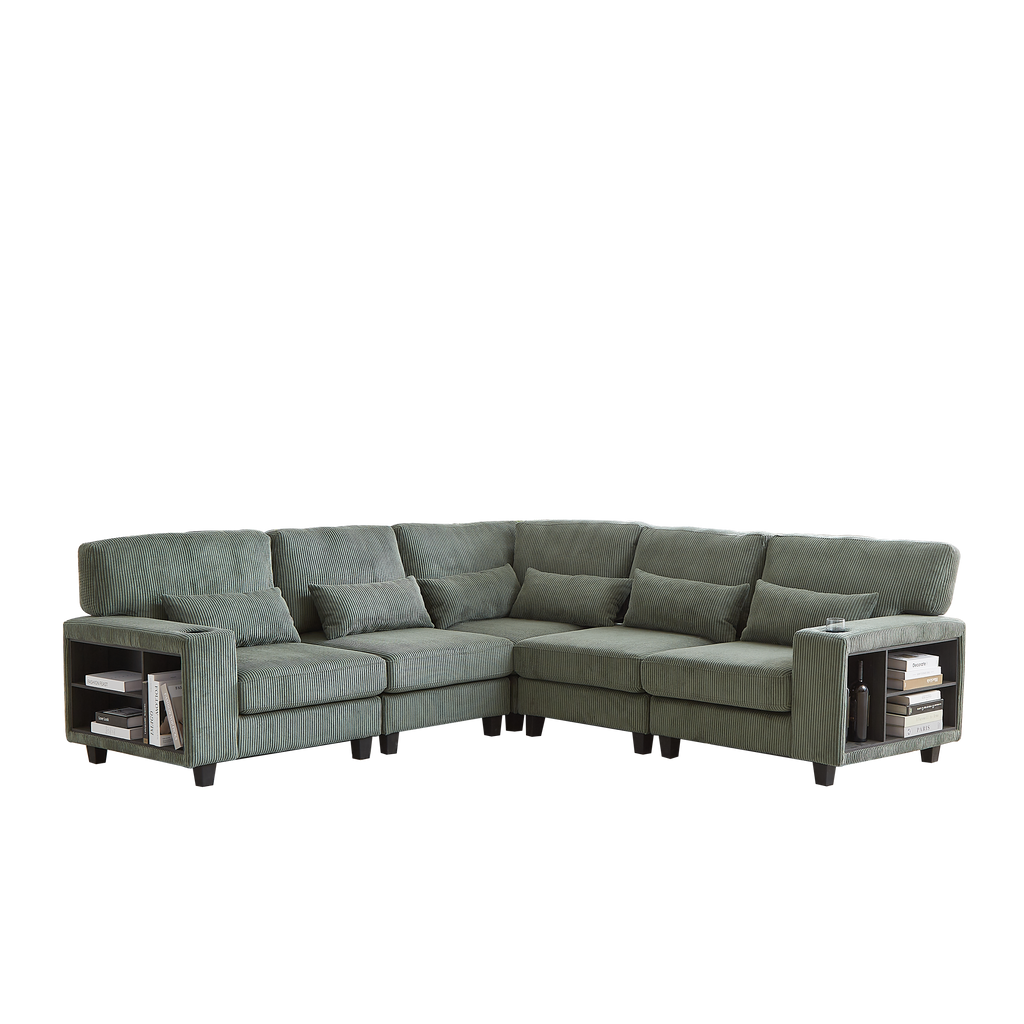 102.75*102.75' L-Shaped Modular Sectional Sofa, Modern Corduroy Sectional Sofa, Arm with Storage With Cup Holder 5-Seat Convertible Sectional Sofa for Living Room, Bedroom, Lounge and Projection Room