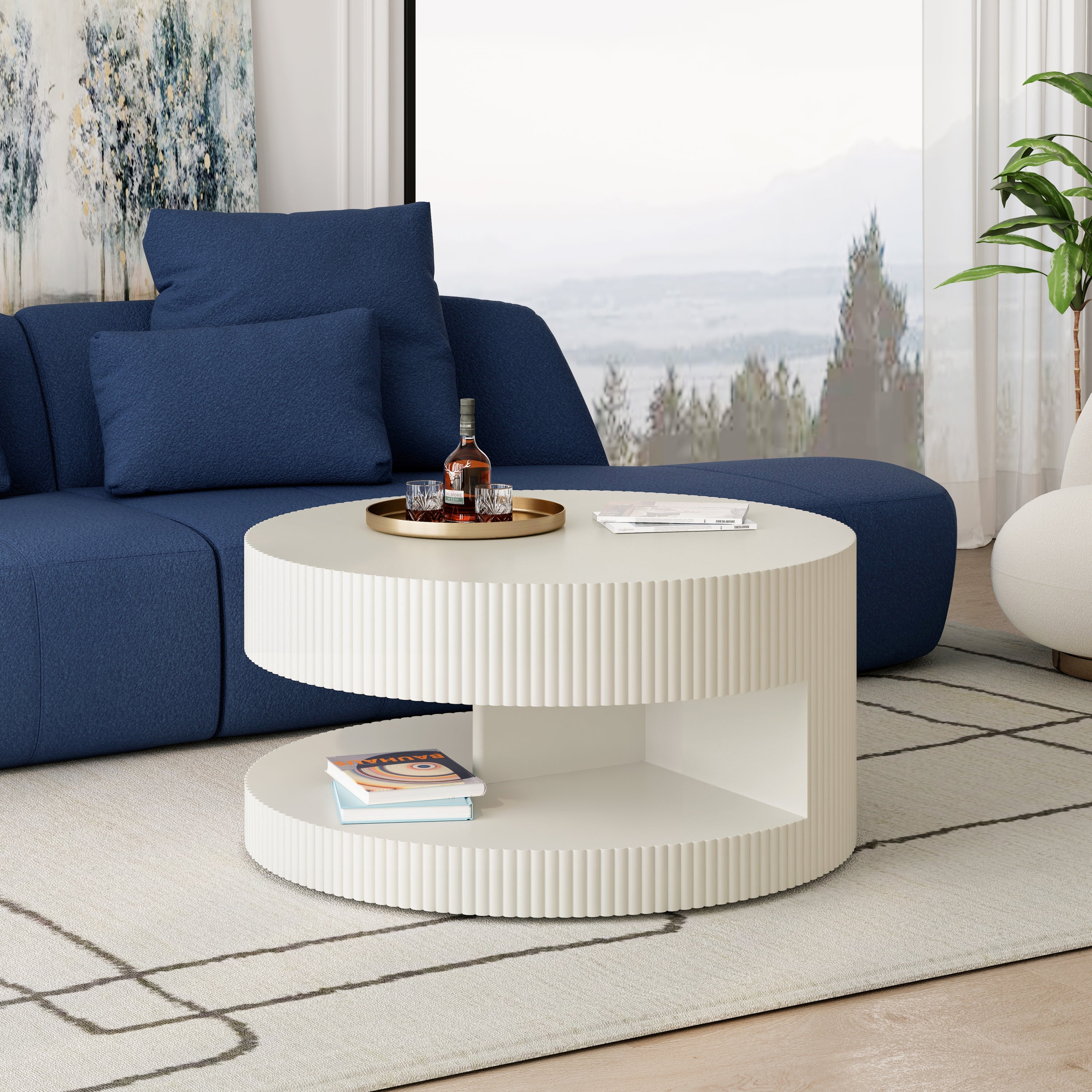 31.5'' Round Coffee Table,Modern Center Table with Storage,Vertical Stripe Design Coffee Table for Living Room,Bedroom(White)