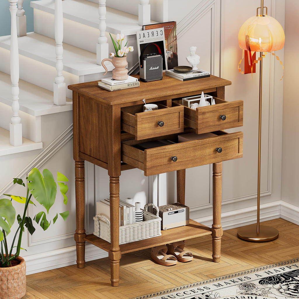 TREXM Narrow Console Table, Slim Sofa Table with Three Storage Drawers and Bottom Shelf (Natural)
